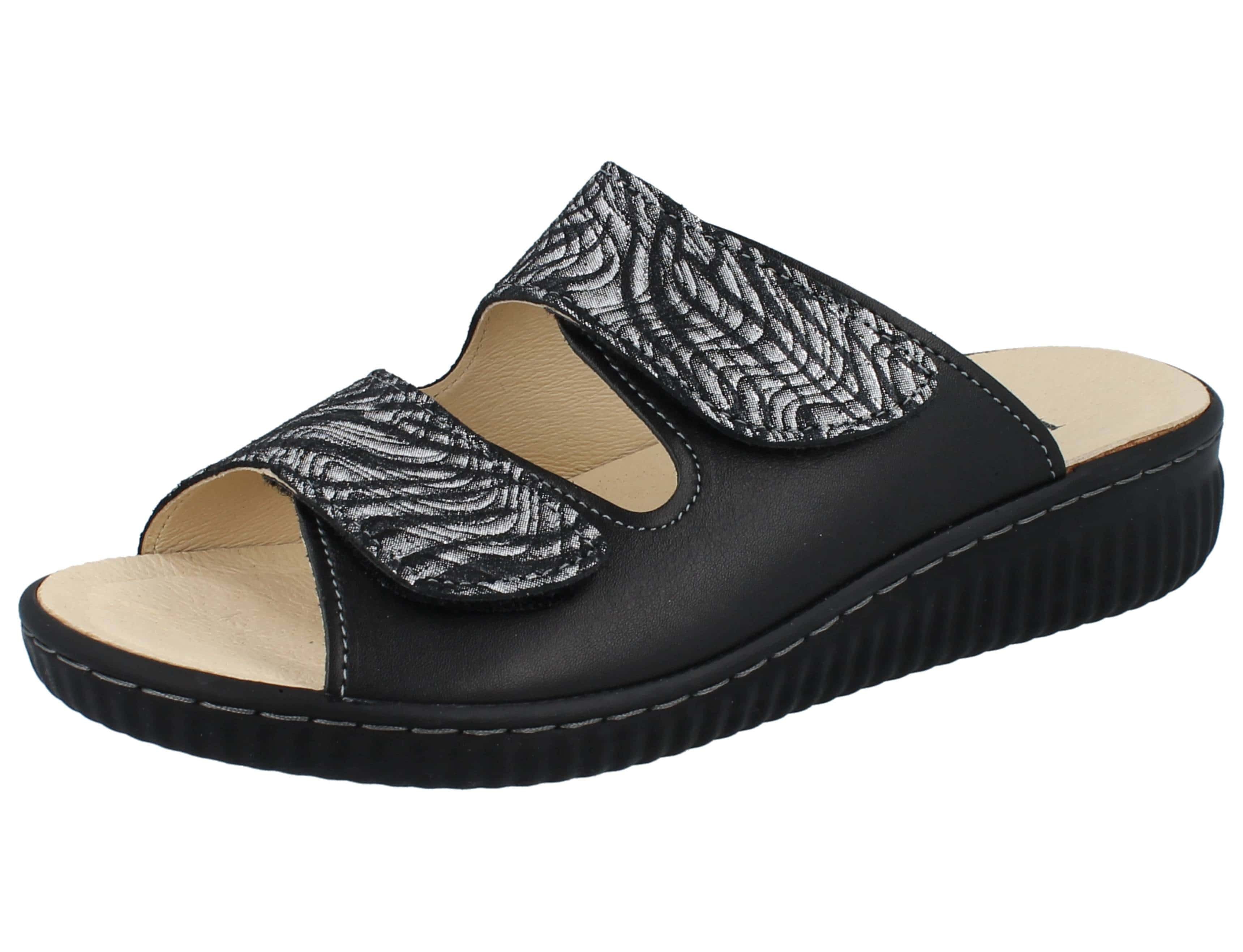 Longo LONGO Damen Pantolette schwarz silber bedrucktes Glattleder - Größe: Pantolette Wechselfußbett