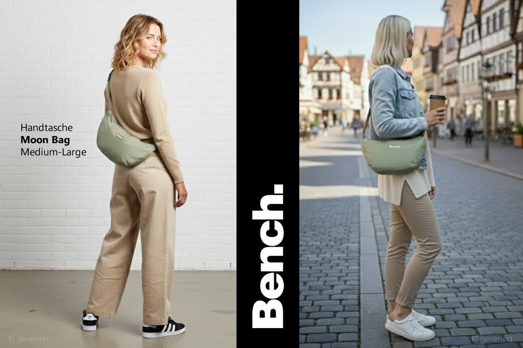Bench. Handtasche Crossbag Moon Bag Form Slingbag Schultertasche, Damentasche Damen Freizeittasche Sichel Mond Form 64216 + Etui