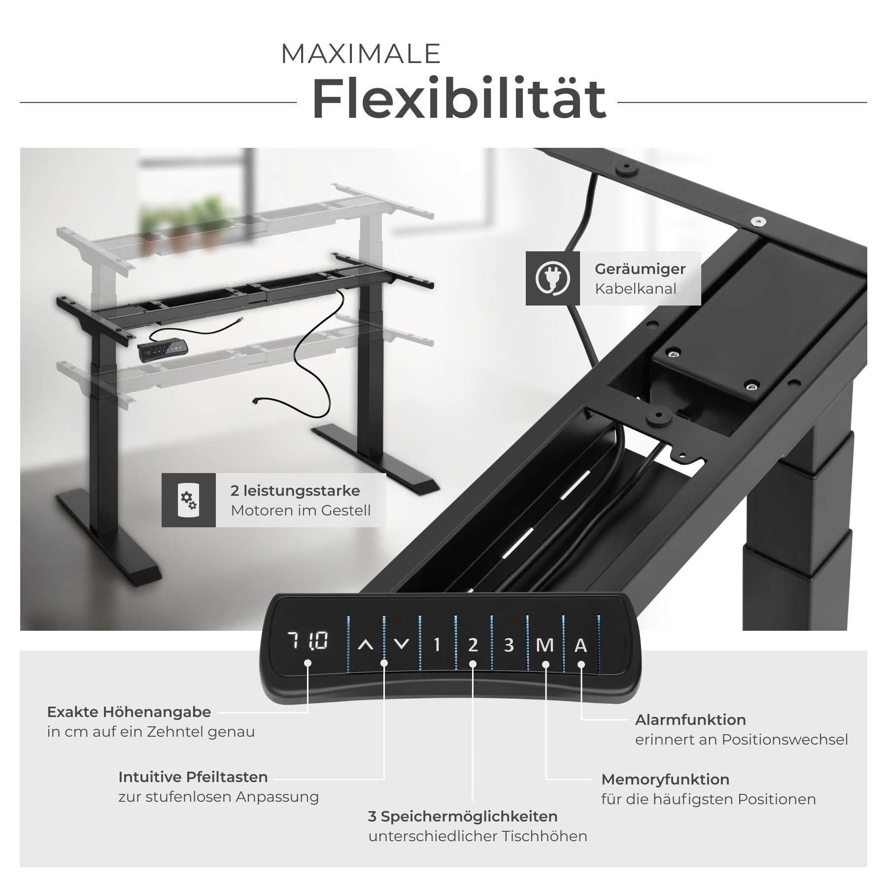 tectake Tischgestell Schreibtischgestell, Belastbarkeit 125 kg, 110-190 x 68 x 58-123 cm (Tischuntergestell Denis, 1-St., in schwarz), Elektrisch stufenlos höhenverstellbar