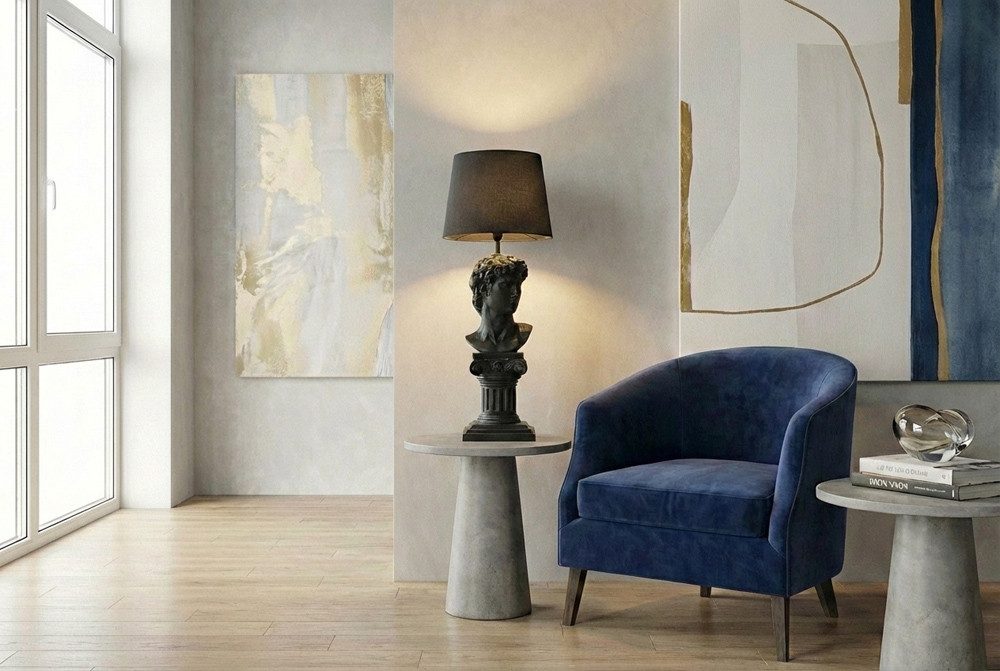 riess-ambiente Tischleuchte DAVID 70cm schwarz – Büsten-Skulptur, Stoffschirm, Statement Piece, Ein-/Ausschalter, ohne Leuchtmittel, kunstvolle Designleuchte als Figur – ideal für moderne Wohnkonzepte