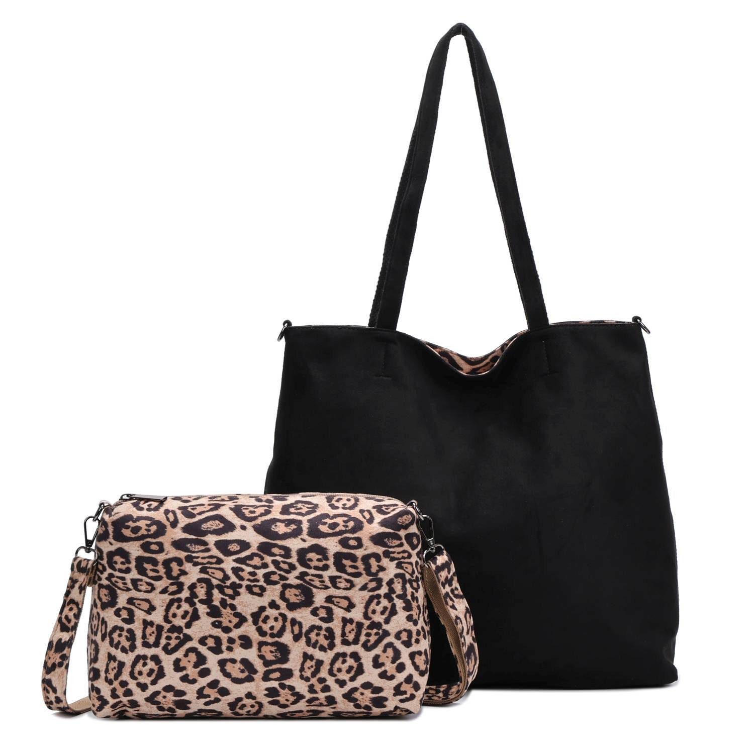 ITALYSHOP24 Schultertasche XL Damen Tasche Set 2in1 Shopper Tote Bag Crossbody Velours CrossOver (Spar-Set 2 in1 Hobo + Crossbody Bag / Schmucktasche, Leichtgewicht), Leopard Umhängetasche Body Bag Beuteltasche Freizeit Henkeltasche Samt