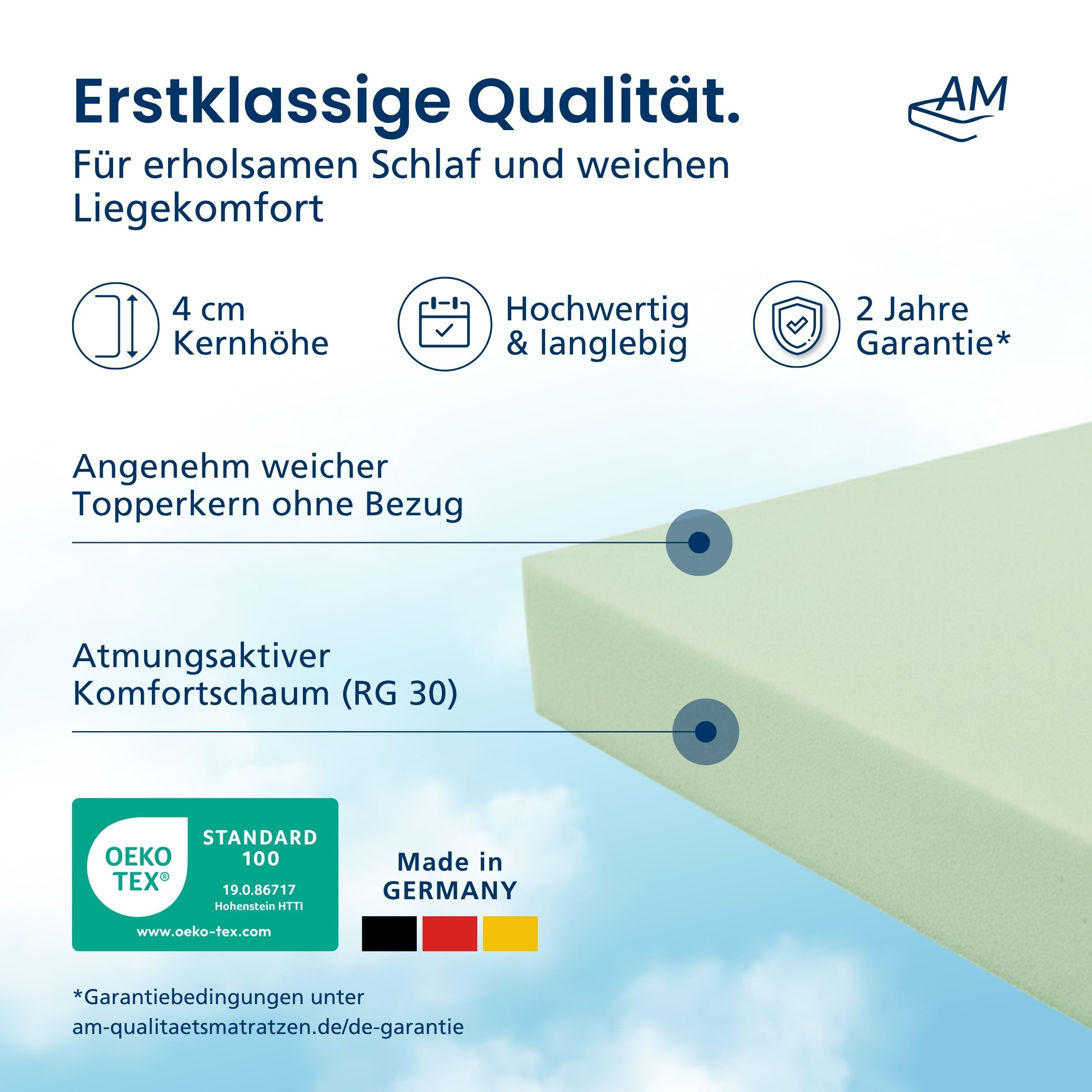 AM Qualitätsmatratzen, Topper Komforschaum weich, Topper ohne Bezug, H2, Made in Germany, 4 cm hoch, 80x200 cm