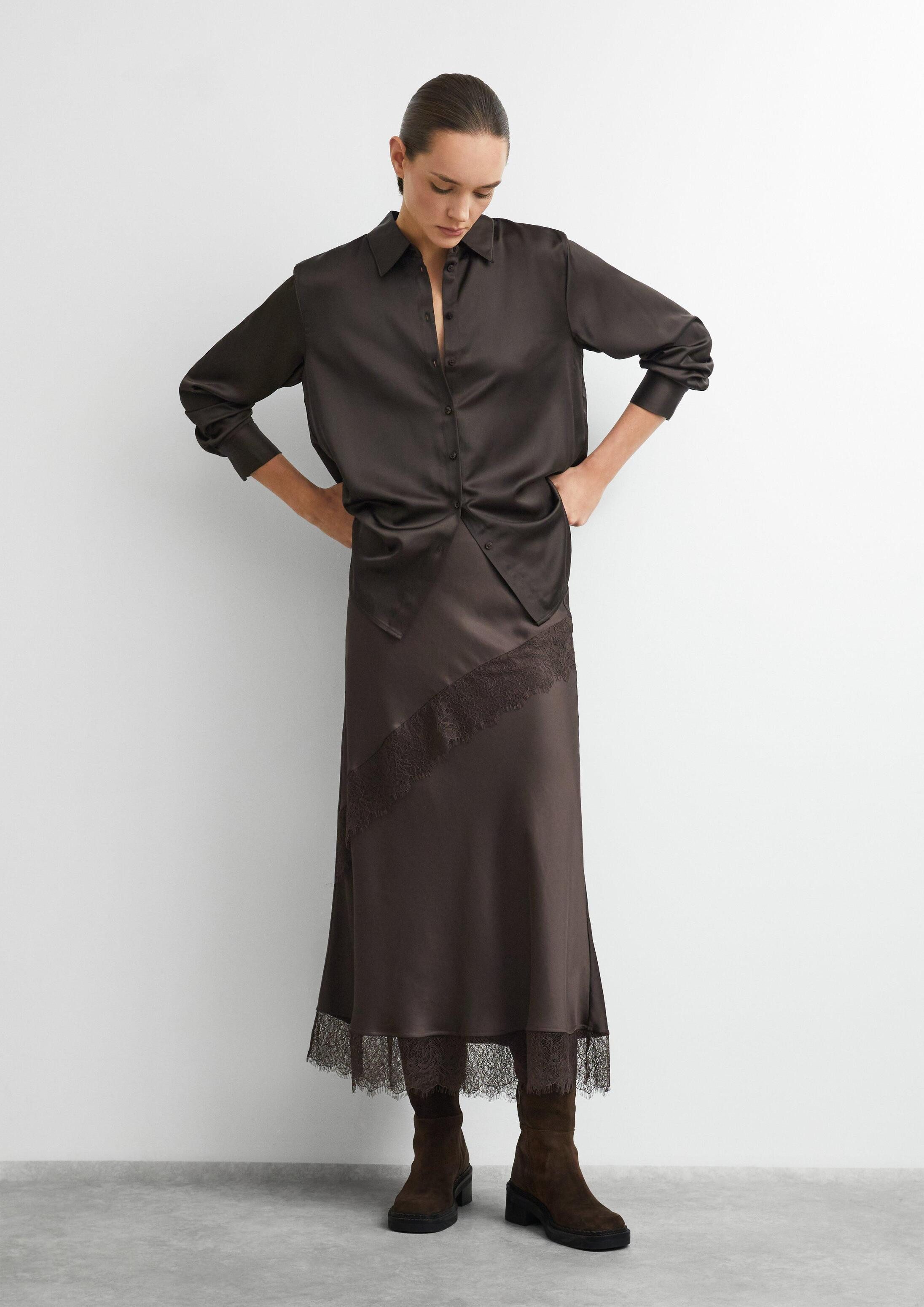 comma Midirock Rock Langer Satin-Rock mit Spitzeneinsatz