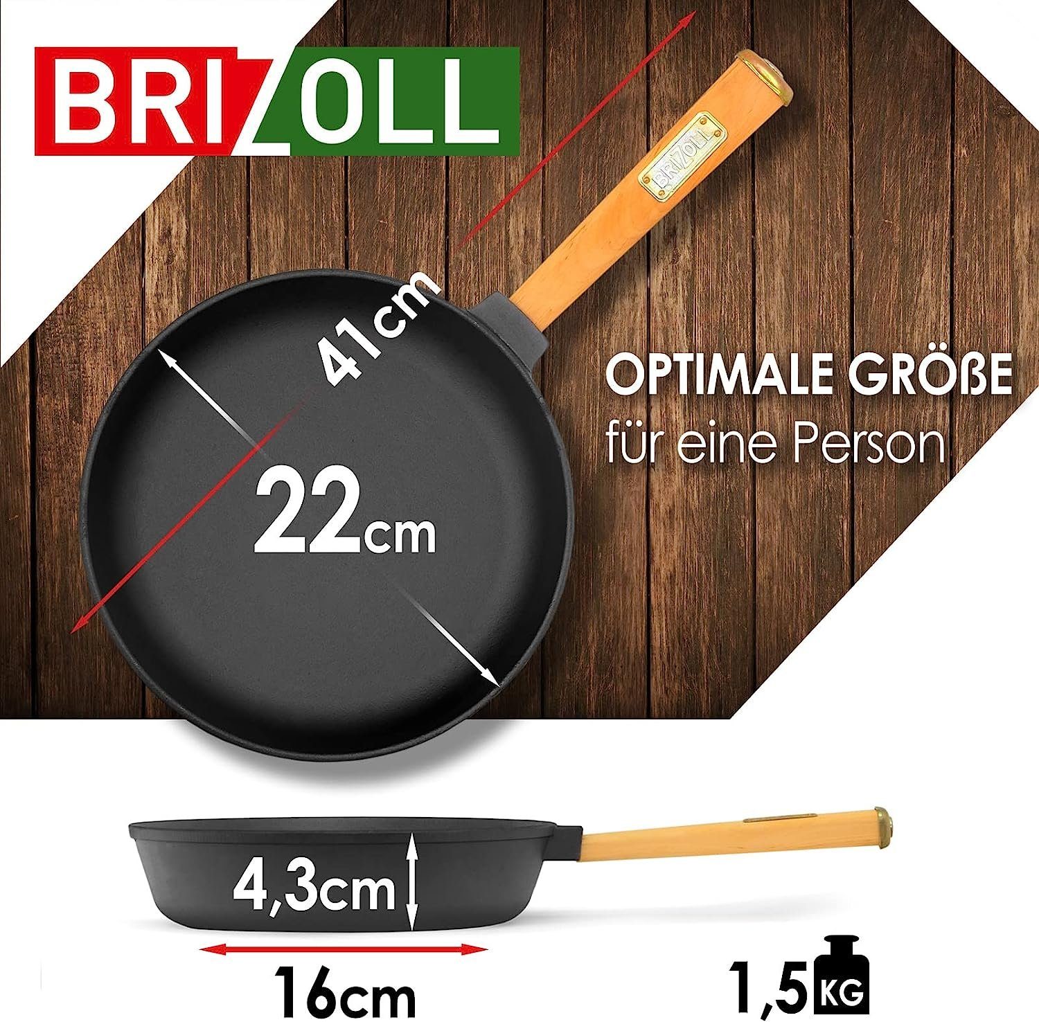 Glasdeckel, Bratpfanne Induktion abschraubbarer Griff, 43mm Ø22cm (Spar-Set), hoch 4BIG.fun Holzgriff Bratpfanne Gusseisen