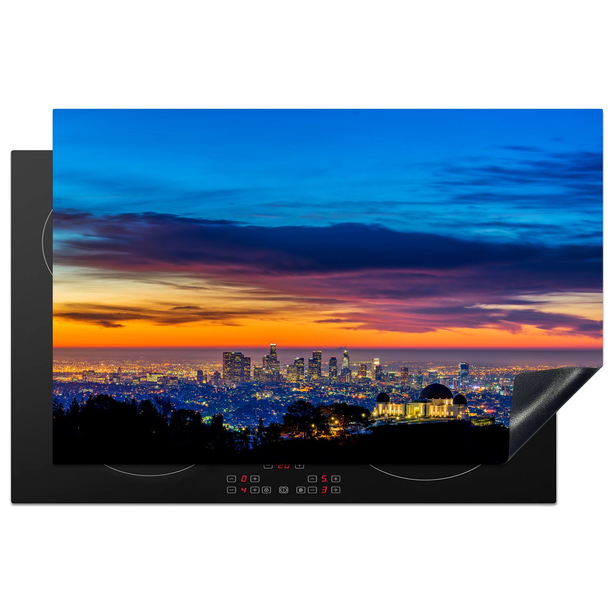MuchoWow Herdblende-/Abdeckplatte Skyline von Los Angeles mit Griffith Park bei Sonnenuntergang, Vinyl, (1 tlg), 81x52 cm, Induktionskochfeld Schutz für die küche, Ceranfeldabdeckung