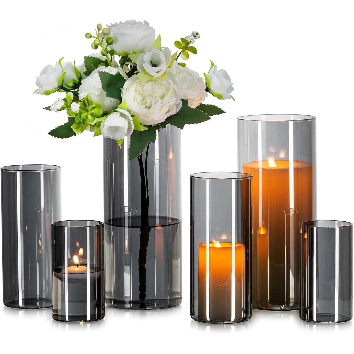 LuxusKollektion Tischvase Glasvase Zylinder Vase Grau 6 Stück Set Wohnzimmer Deko Glaszylinder