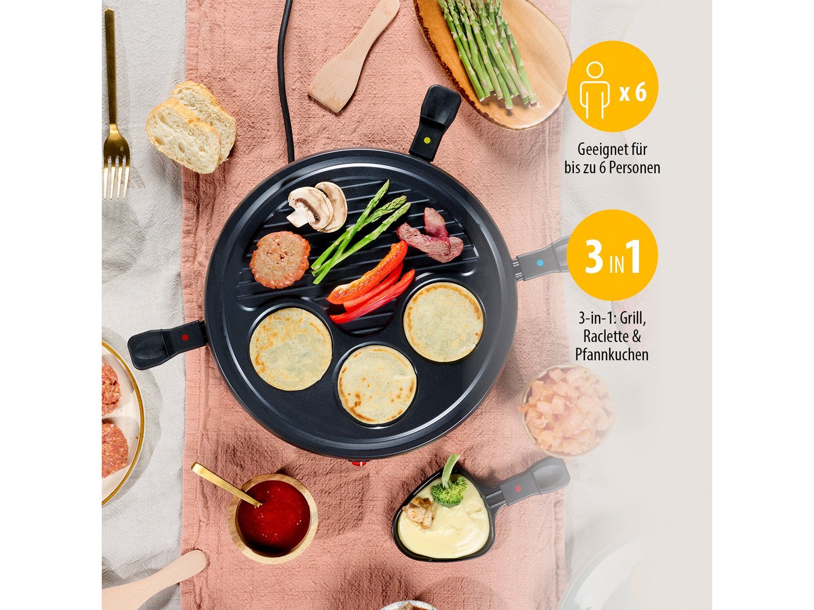 Tristar Raclette, 6 Raclettepfännchen, Tischgrill für 2-6 Personen Crepesmaker, Raclet Gerät Camping geeignet