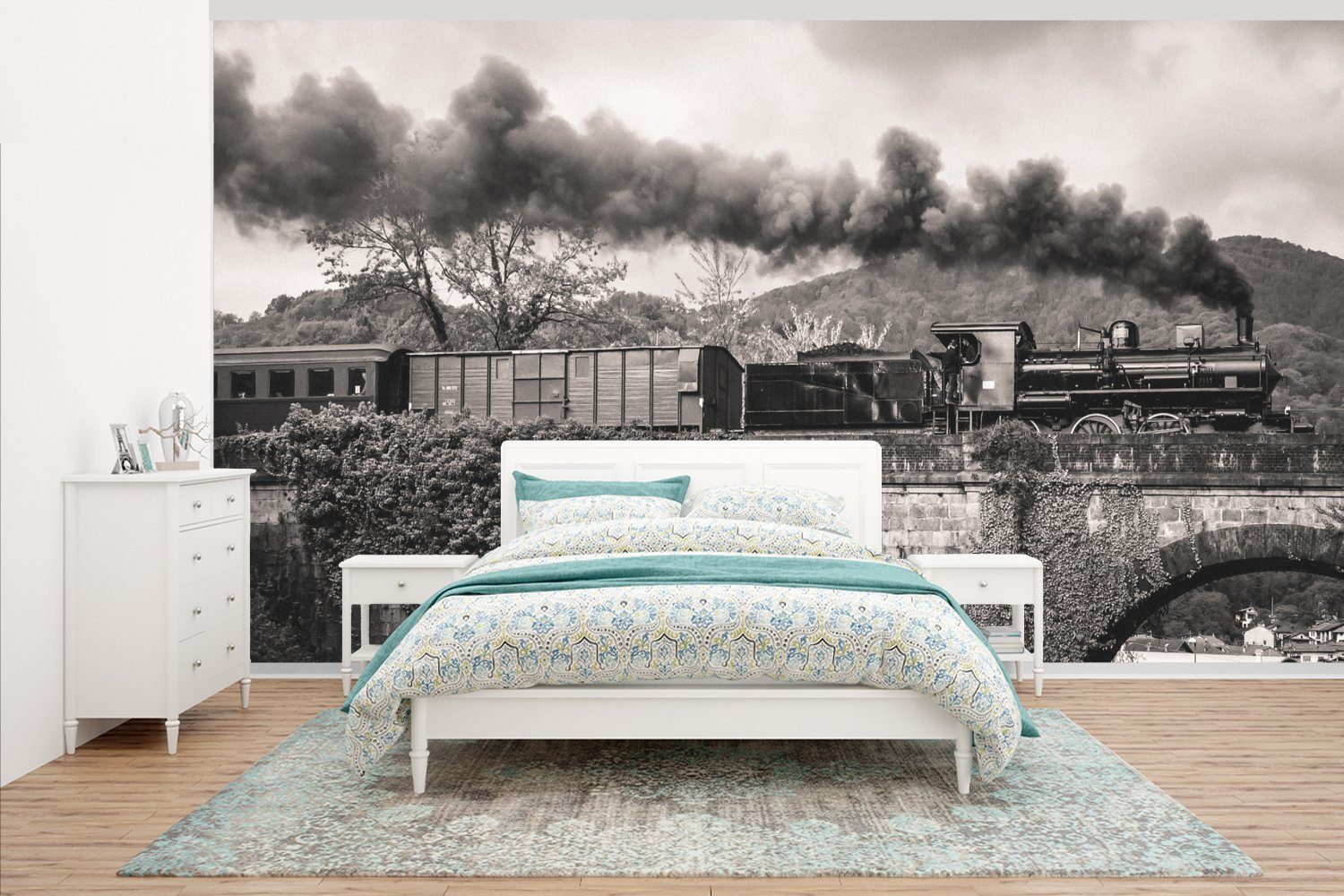 MuchoWow Fototapete Schwarz-weiße Illustration einer Dampflokomotive, Matt, bedruckt, (7 St), Vliestapete für Wohnzimmer Schlafzimmer Küche, Fototapete
