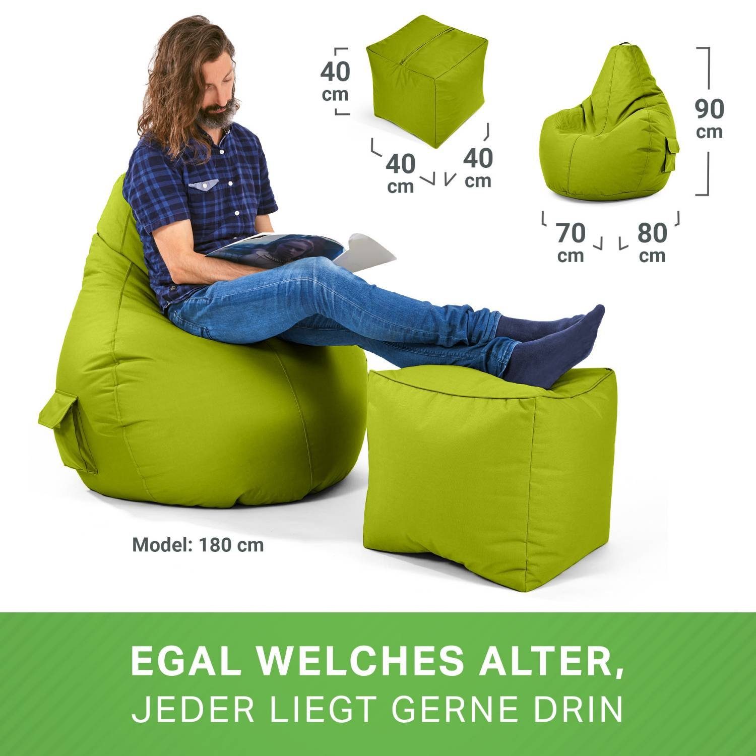 (2er Bodenkissen), Pouf - Green & Gamer Sitzsack Kinder Cozy+Cube Bag Lounge Sitzsack Bean robust -, Hocker Bean Gamingstuhl Set + waschbar Relax-Sessel Sitzhocker Grün befüllt fertig schmutzabweisend - Erwachsene