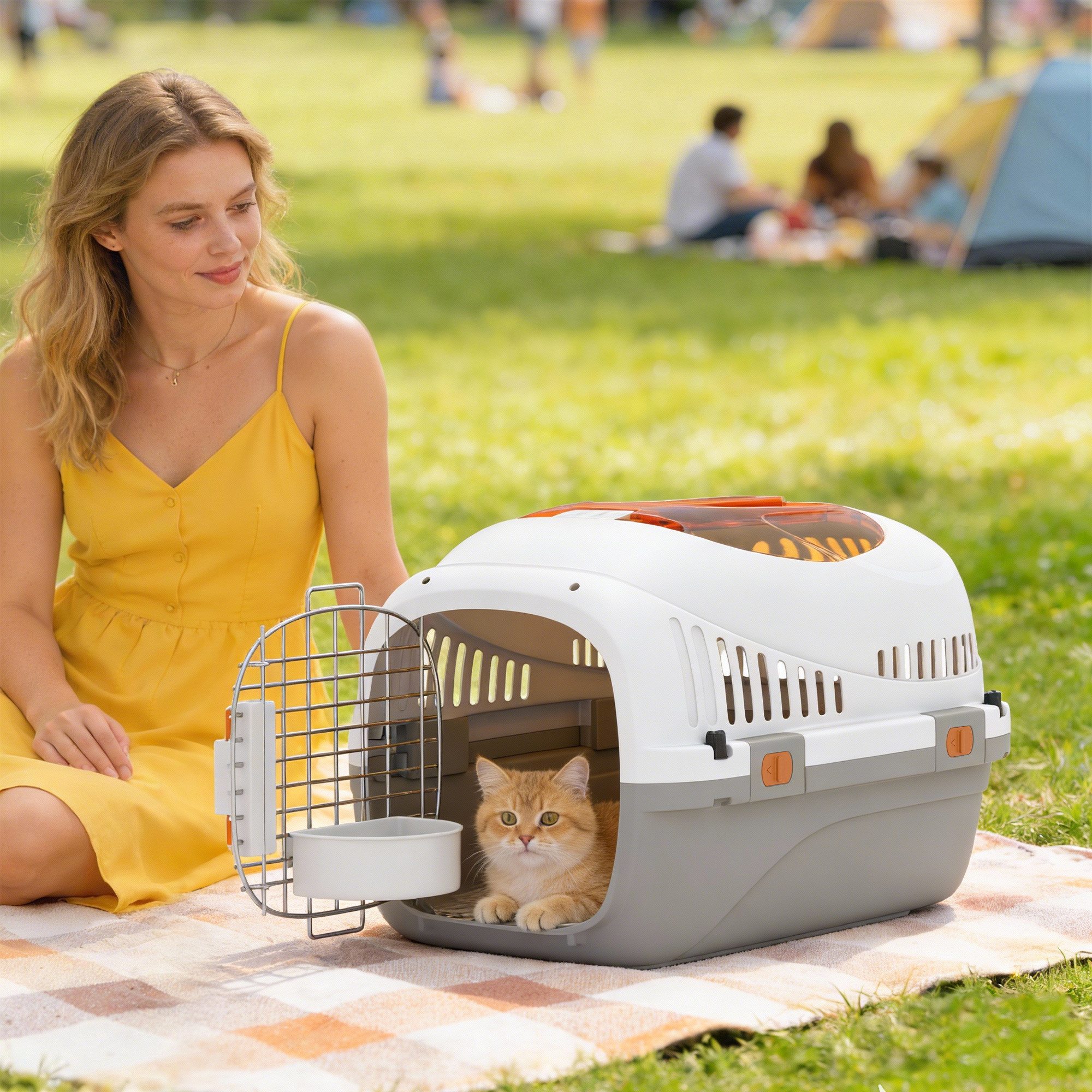 PawHut Tiertransportbox Hundetransportbox für Katze aus Kunststoff mit Stahlgitter bis 4 kg, mit Dachöffnung Futternapf Sicherheitsverschluss 49x32x31cm Hellgrau