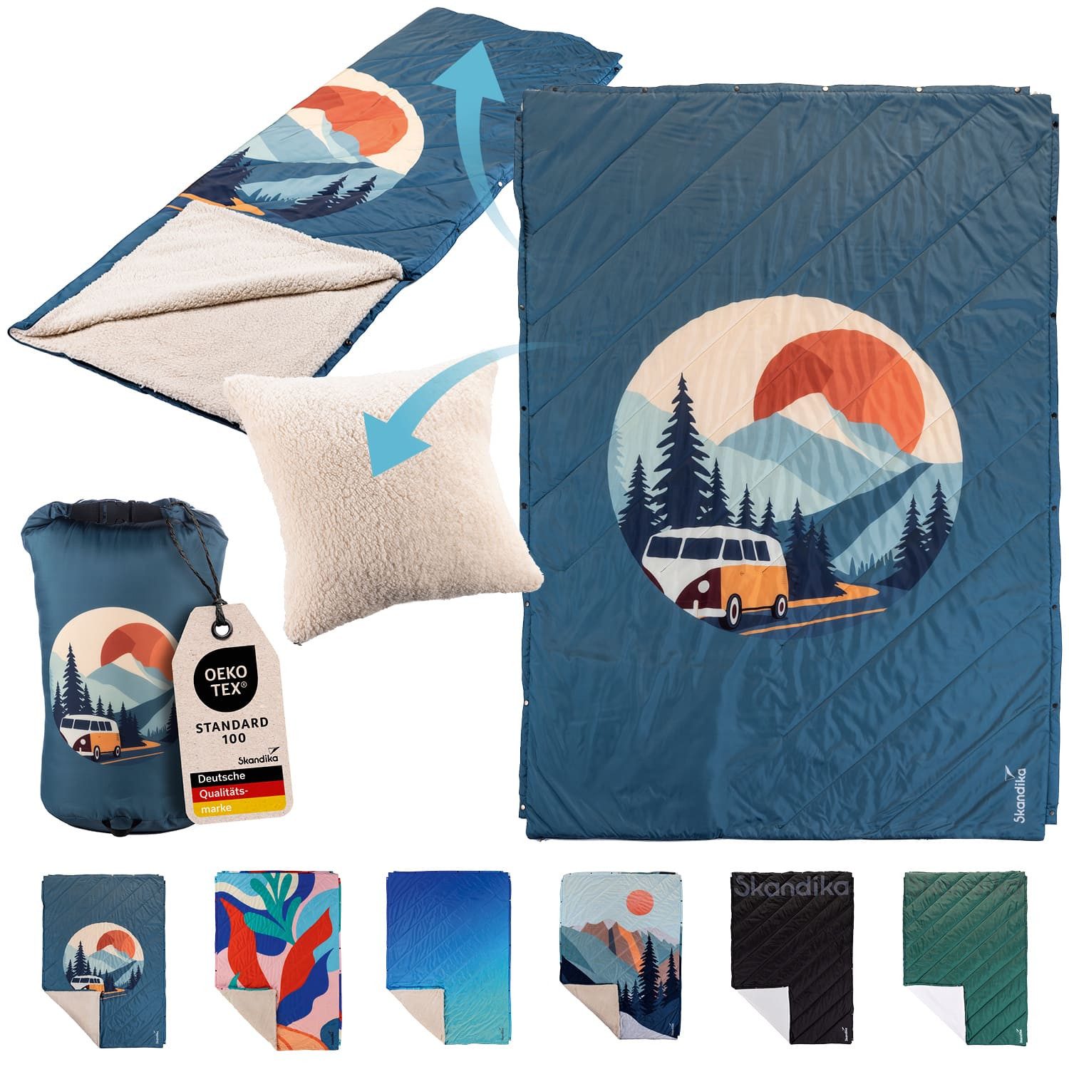 Skandika Deckenschlafsack Campingdecke Liva, 4-in-1, Outdoor Decke, 200x135cm, Überwurf, Kissen, mit Teddyfell Unterseite, Polyester, wasserdicht