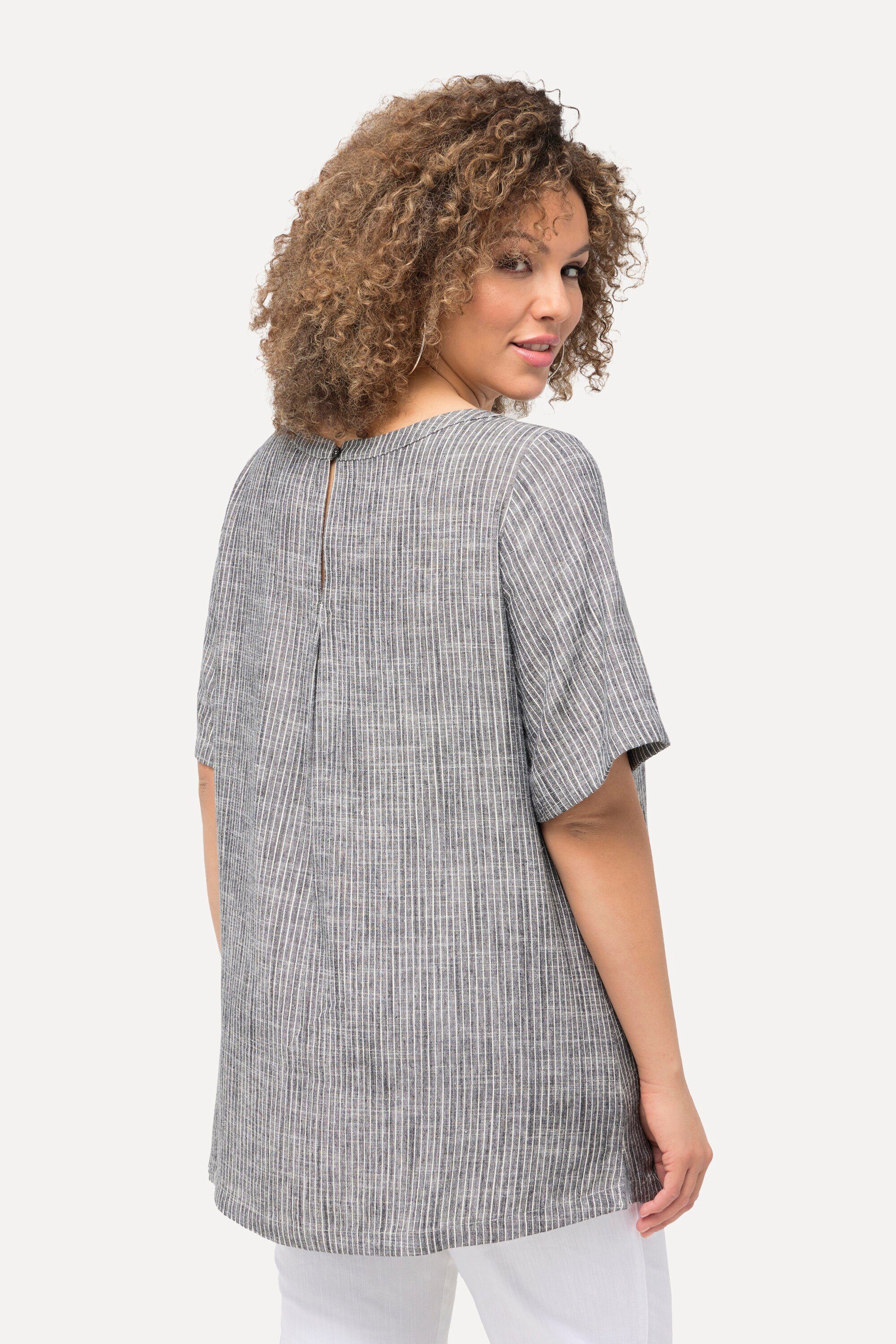 Ulla Popken Longbluse Bluse Leinenmix Streifen Rundhals Halbarm – Bild 3 von 4