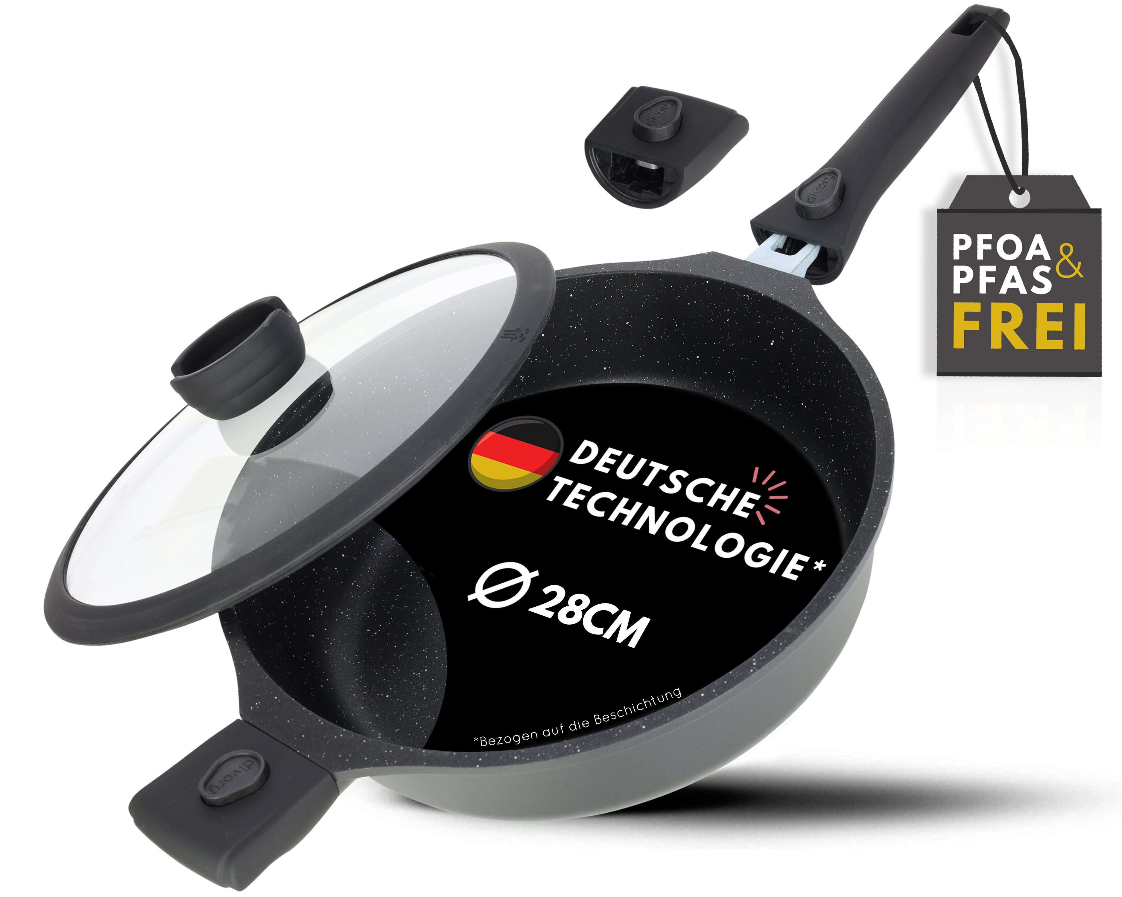 divory Schmorpfanne mit Deckel, Antihaftbeschichtung, abnehmbare Griffe, alle Herdarten, Aluminium, Induktion, abnehmbarer Griff