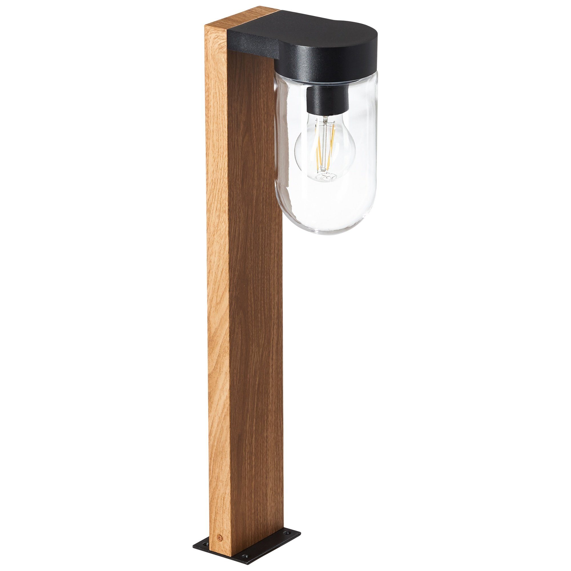 Sockelleuchte, max. ohne 40 Lightbox E27 Leuchtmittel, Höhe, W, Metall/Glas, Außen-Stehlampe, Holzoptik 55cm