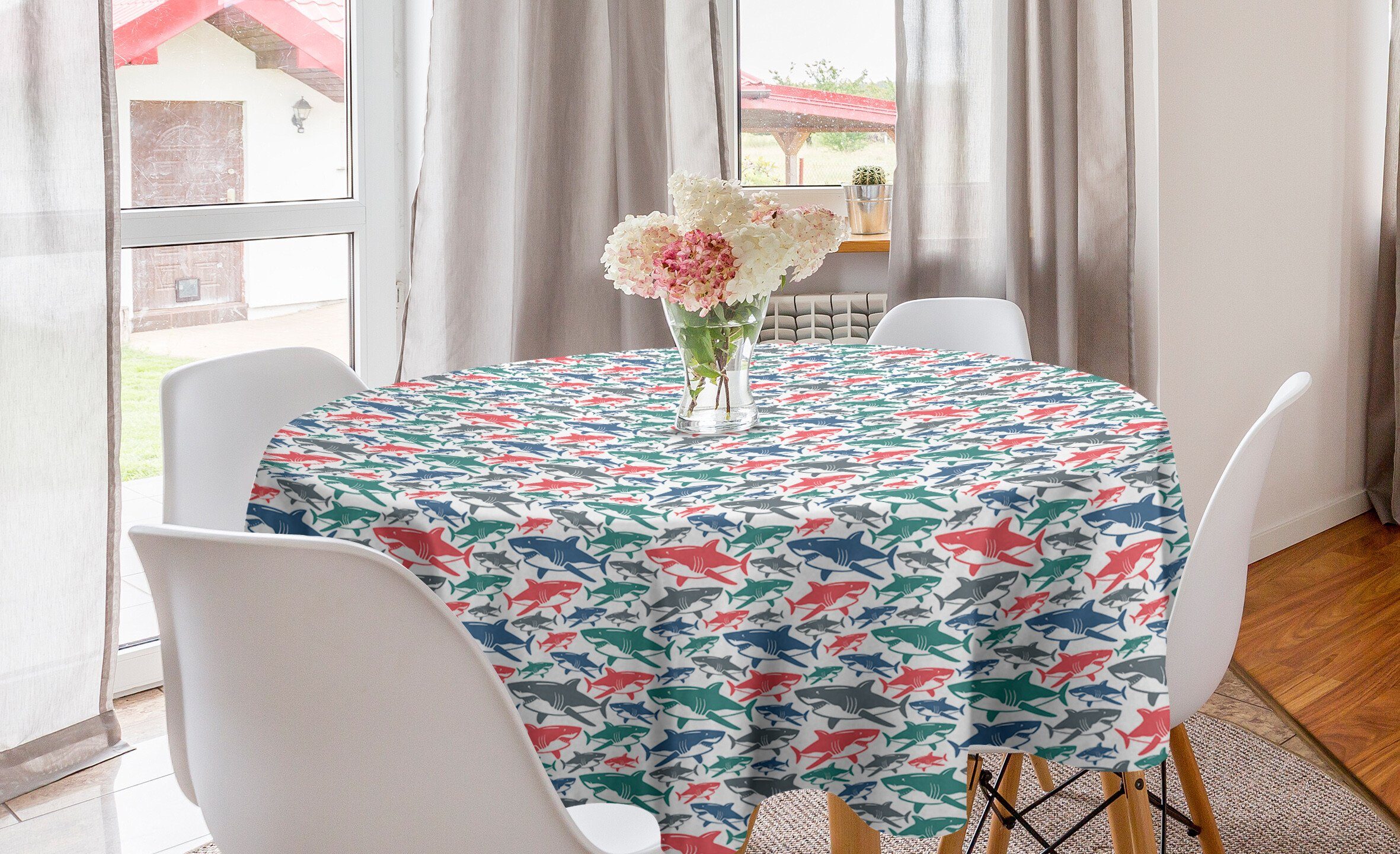 Abakuhaus Tischdecke Kreis Tischdecke Abdeckung für Esszimmer Küche Dekoration, Fisch Bunte Shark Patterns