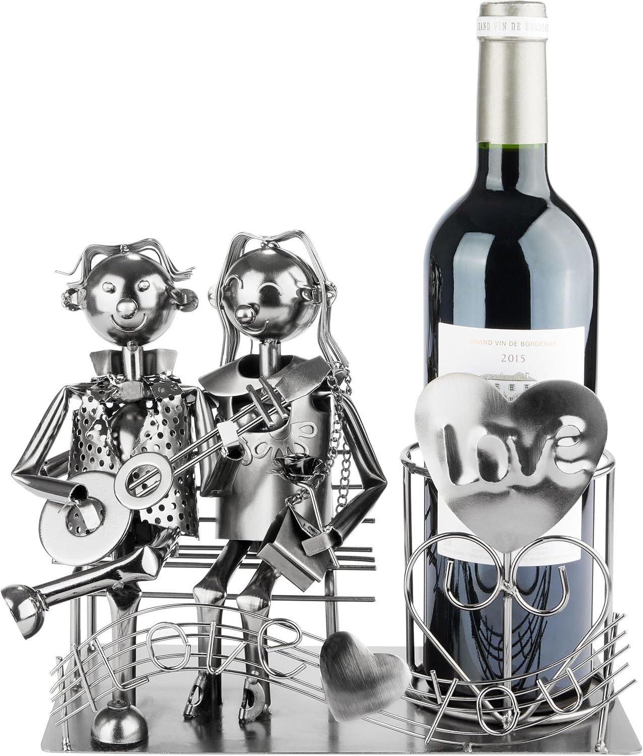 BRUBAKER Weinflaschenhalter Paar mit Gitarre auf Bank - Metall Skulptur Flaschenhalter, (Paar mit Gitarre und Noten, 1-St., Flaschenständer mit Geschenkkarte), Wein Geschenk für Musiker