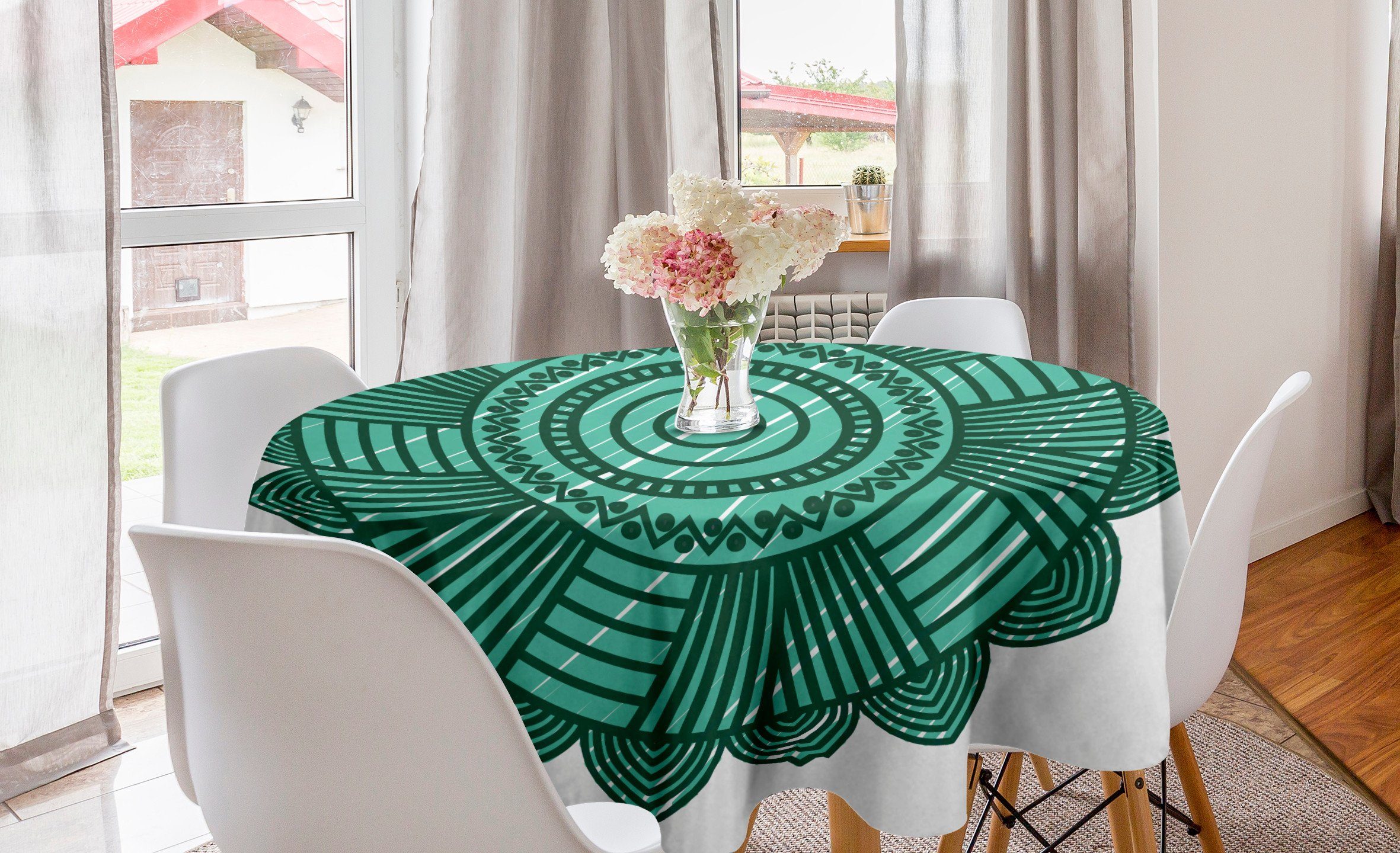 Abakuhaus Tischdecke Kreis Tischdecke Abdeckung für Esszimmer Küche Dekoration, grüne Mandala Round Eastern Blume