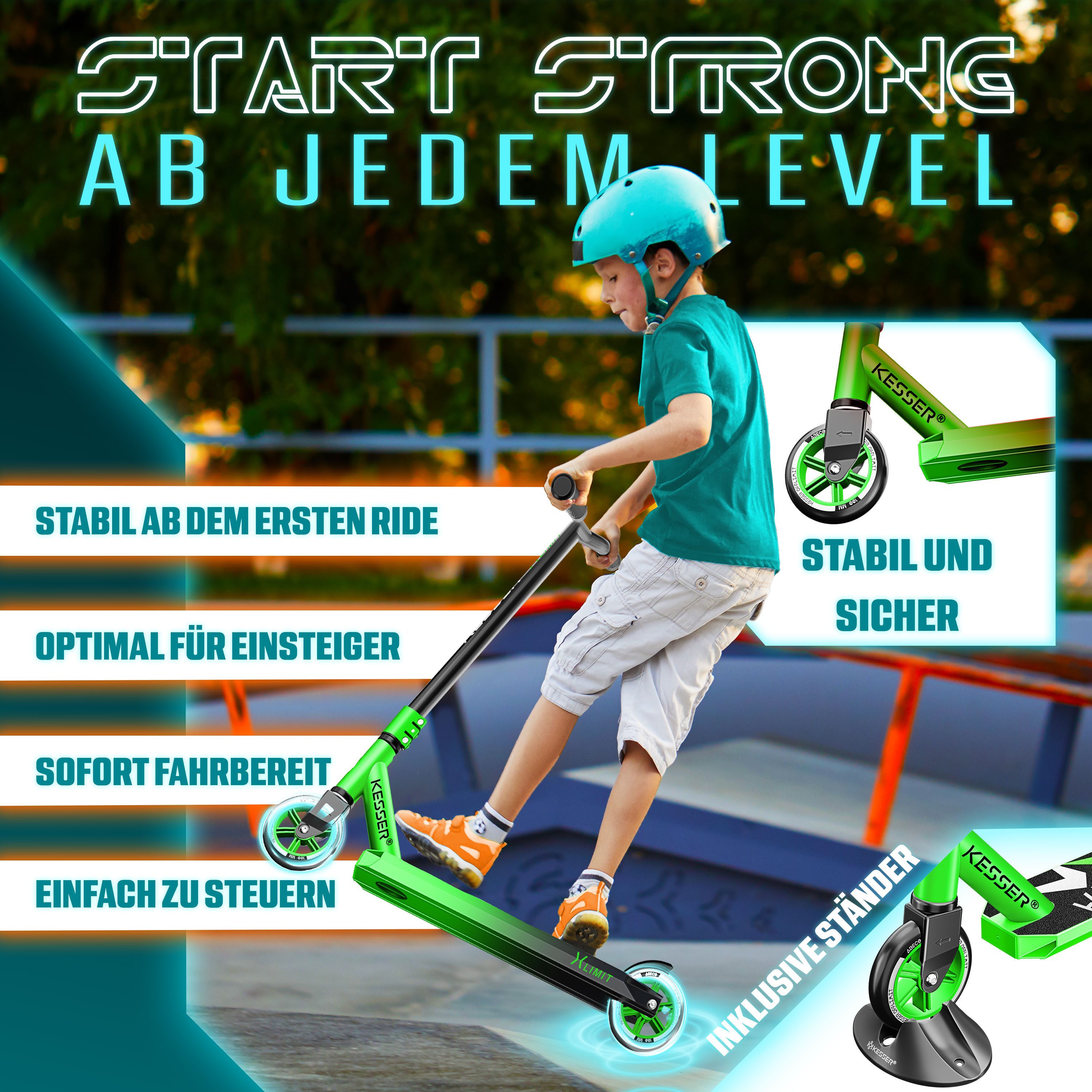 KESSER Stuntscooter X-Limit 360° Lenkung, ABEC9 Kugellagern, 100 mm PU Räder, Freestyle Kickscooter Funscooter für Kinder & Erwachsene