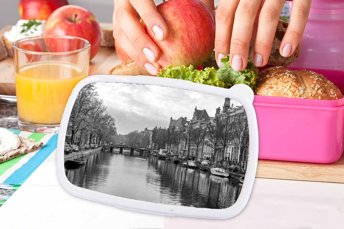 Kinder, Lunchbox in Brotdose Kunststoff, Brotbox Amsterdam rosa Snackbox, Mädchen, (2-tlg), Alltägliches der für Kunststoff Prinsengracht schwarz-weiß, Bild Erwachsene, MuchoWow -