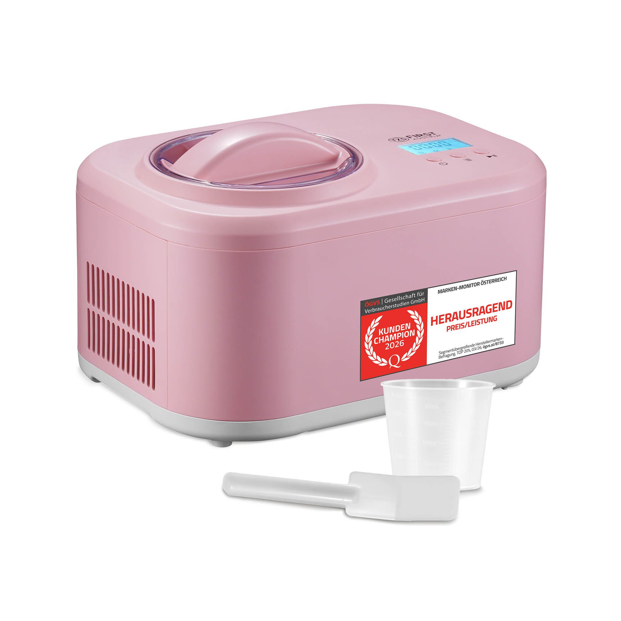 TZS FIRST AUSTRIA Eismaschine 1L, 100W, Kompressor & Kühlhaltefunktion, 60-Min Eis, 8-Std Joghurt, 1 l, 100 W, entnehmbarer 1L Eisbehälter, Eismaschine, inkl. Messbecher, Spatel