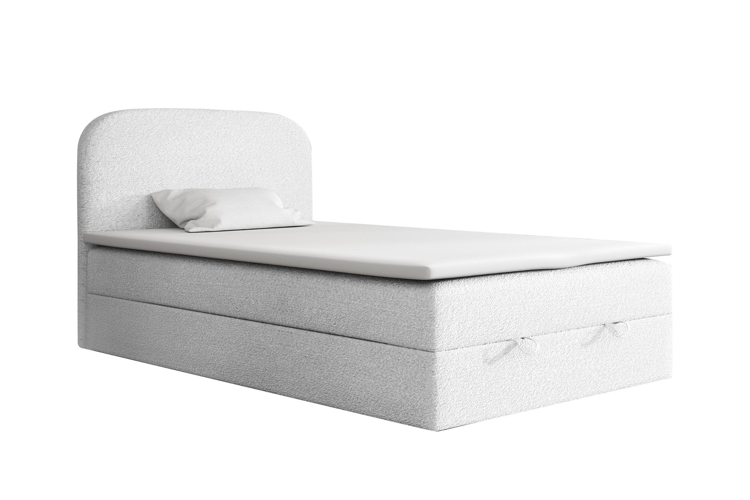 Deine Möbel 24 Boxspringbett CLOUD Boxbett Polsterbett Komplettbett inkl. Matratze H3 H4 Topper (Set Bett für Jugendliche Hotelbett, 3-St., Jugendbett inkl. Matratze H3 H4 Kaltschaum-Topper Bettkasten), 100x200 120x200 Weiß Grau Stoff Boucle Premium