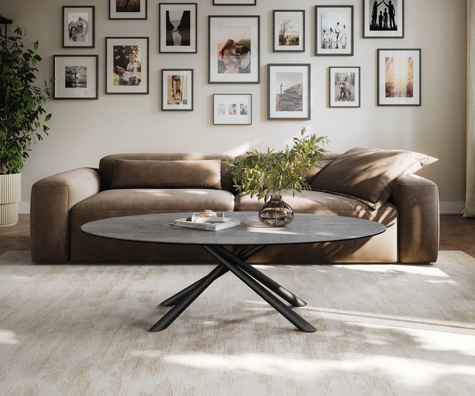 DELIFE Couchtisch Edge, Oval 140x80 cm Keramik Beton Grau Sarity Metall Schwarz