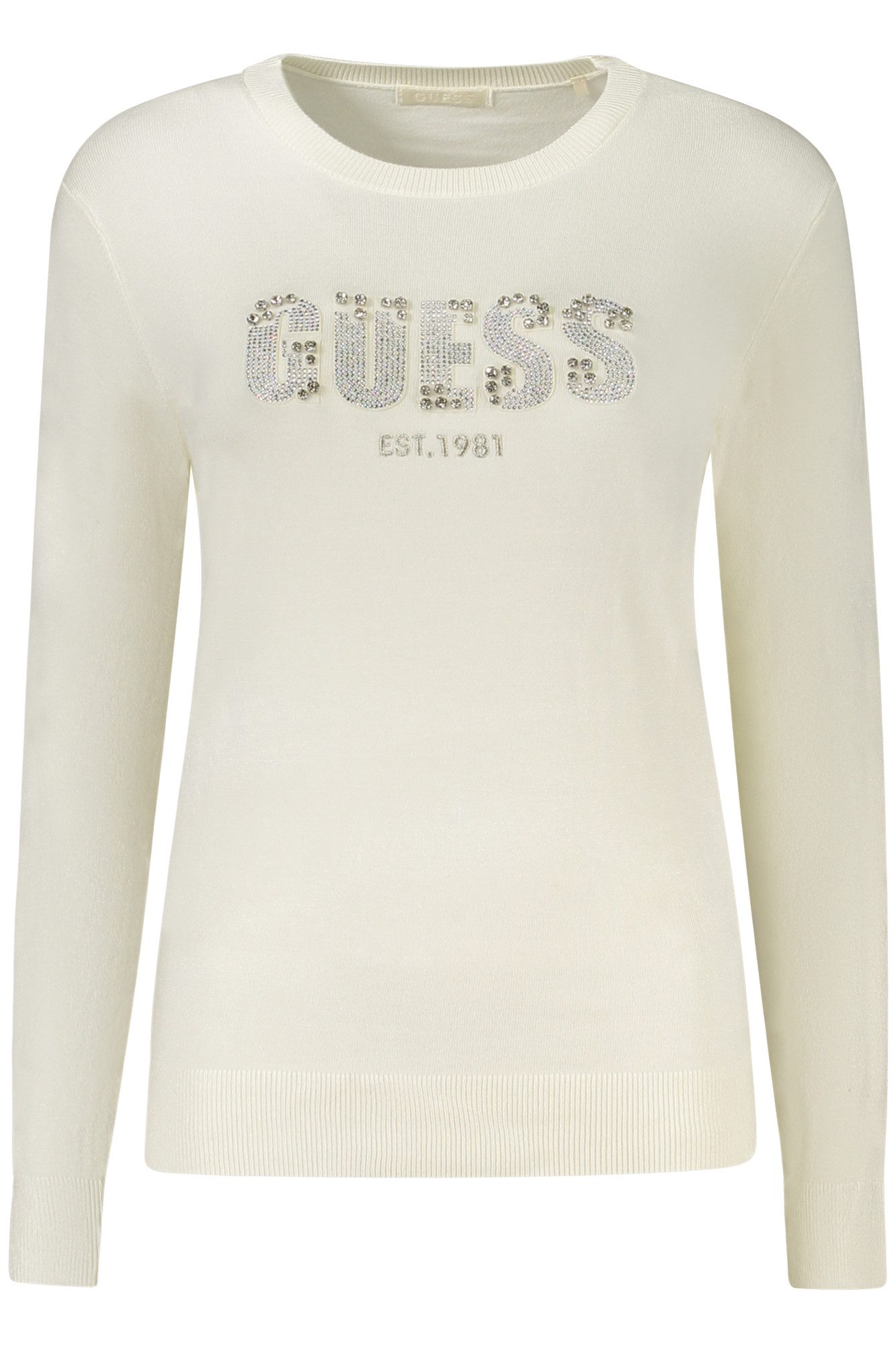 GUESS JEANS В'язані светри Eleganter Damenpullover: Weiß, Rundhals, Strass & Stickerei