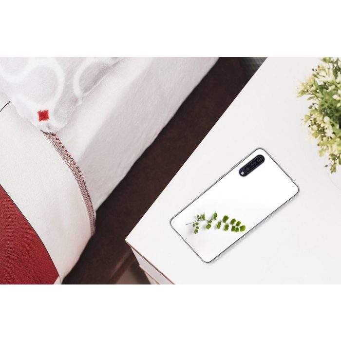 MuchoWow Handyhülle Blatt eines Farns vor weißem Hintergrund Handyhülle Samsung Galaxy A30s Smartphone-Bumper Print Handy