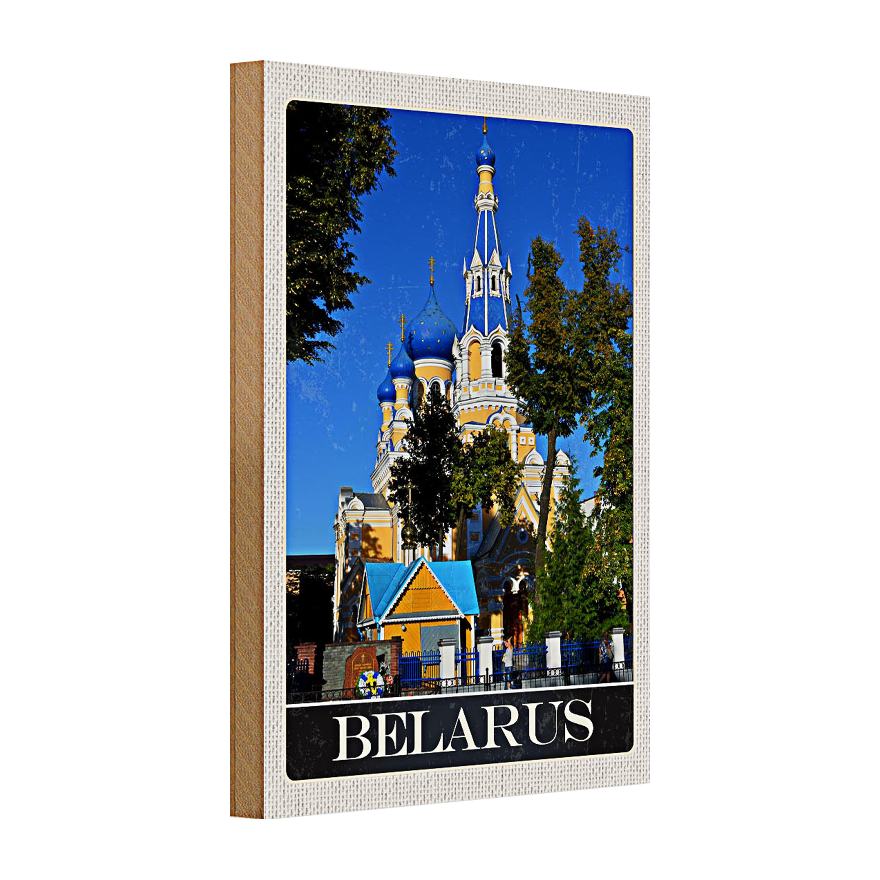 Roomando Holzbild Reise 20x30cm Berlarus Europa Archiektur blau beige in sign
