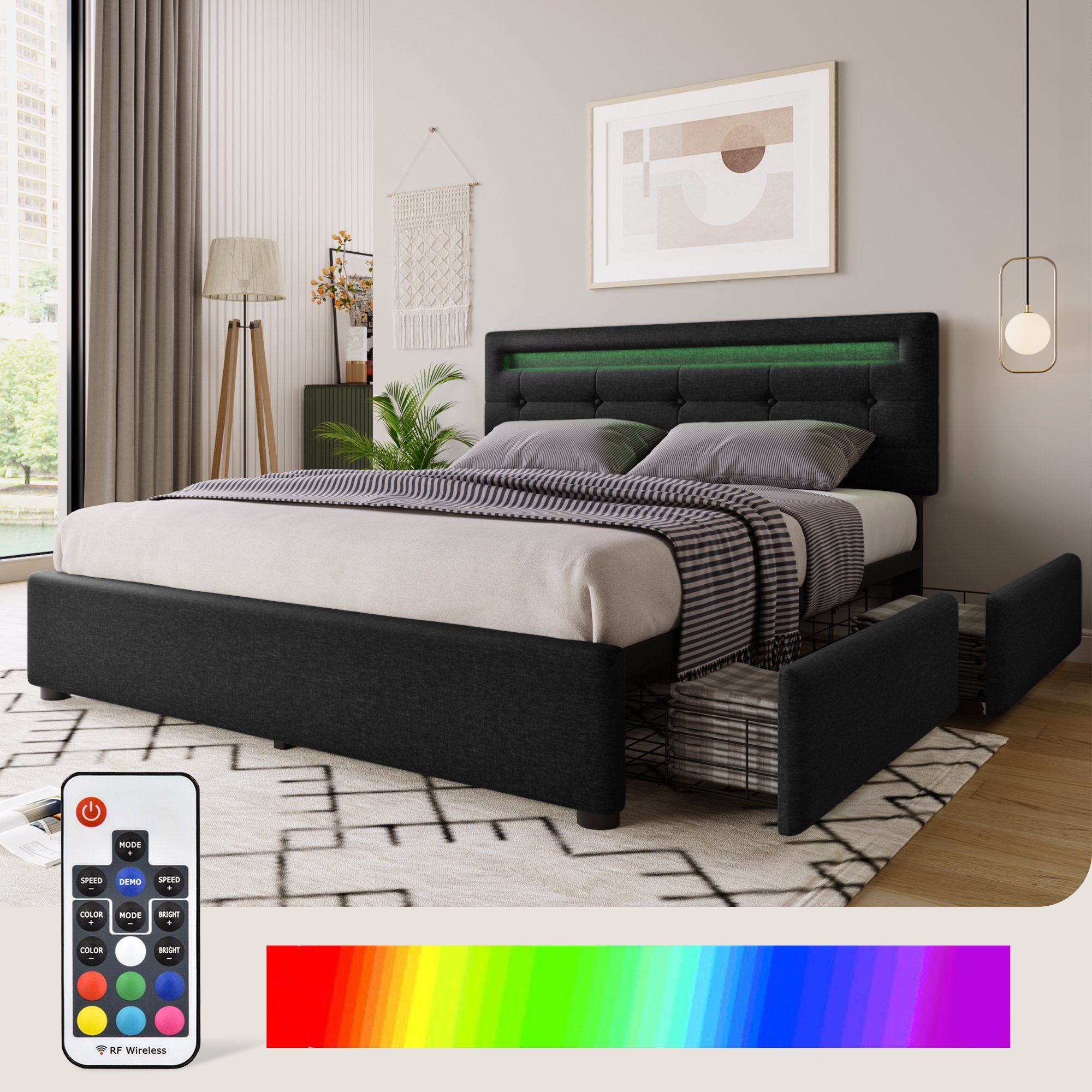 Polsterbett (mit LED-Beleuchtung, Fernbedienung und verstellbarem Kopfteil), Doppelbett mit Lattenrost, 4 Schubladen, Leinen, 140x200cm Bett