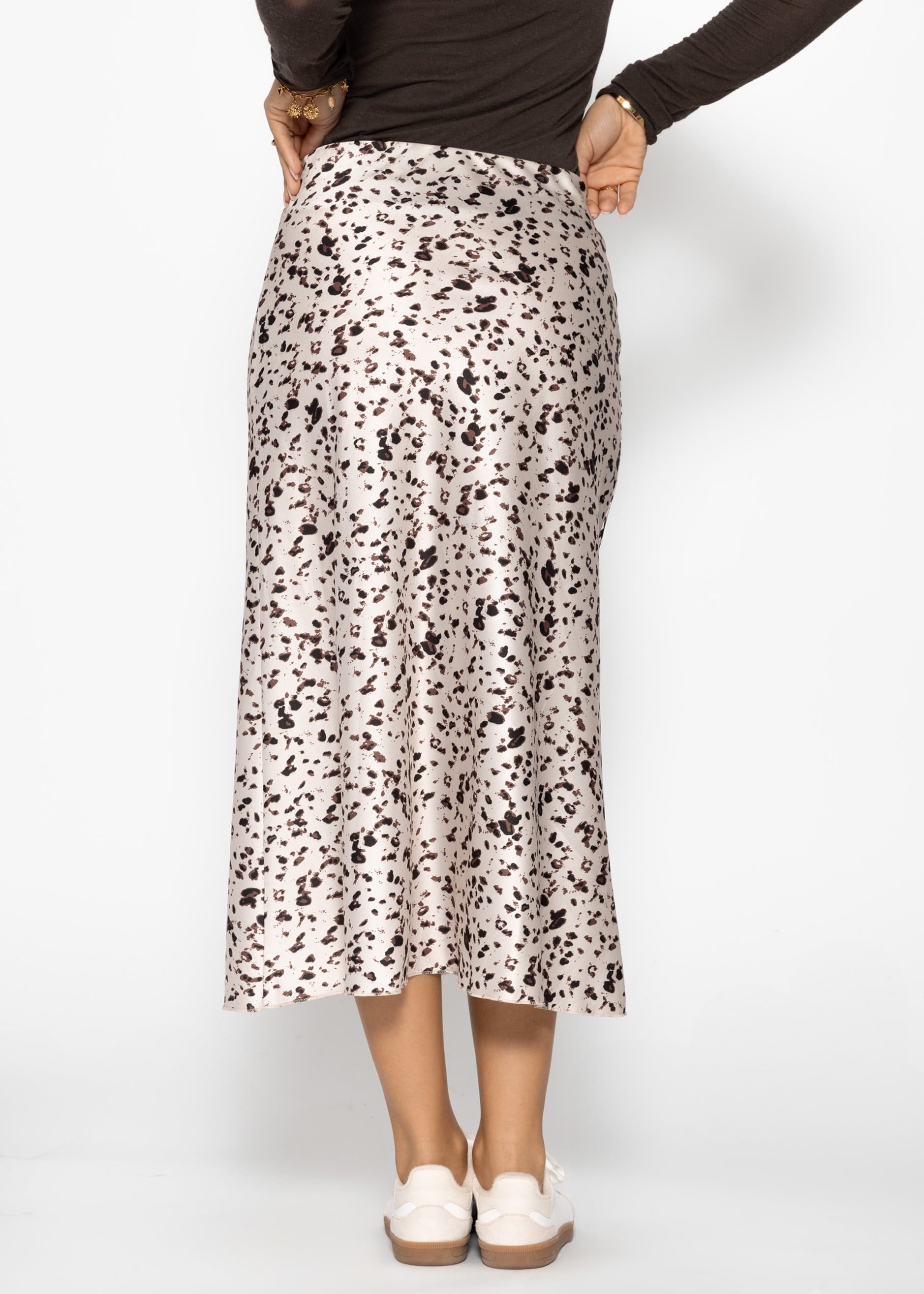 SASSYCLASSY Minirock Eleganter midi Satin Rock Damen mit Print A-Linie Rock lang bedruckt mit High-Waist Gummibund Beige Braun