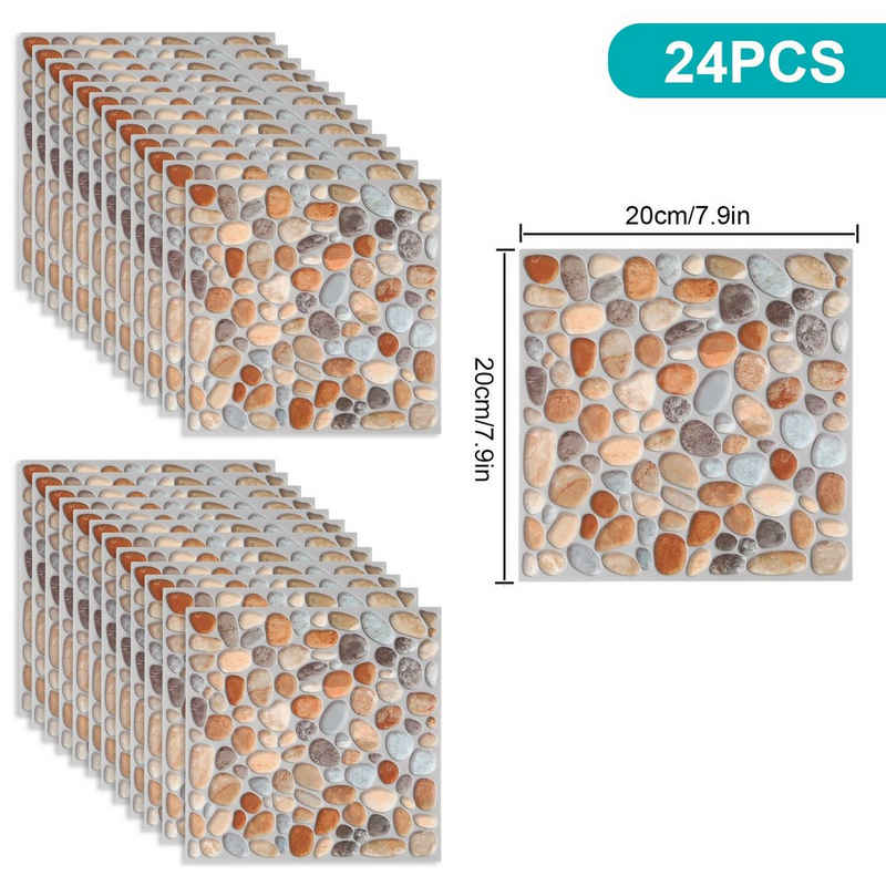 TWSOUL 3D-Tapete Anti-Rutsch-Wandaufkleber für Badezimmer, 20*20cm, Kieselstein-Muster, Selbstklebende Wandaufkleber, Packung mit 24 Tabletten