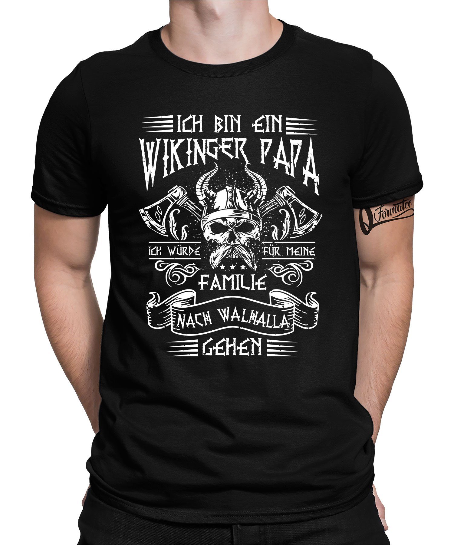 Quattro Papa Viking Kurzarmshirt Valhalla Vater - Vatertag (1-tlg) Schwarz Formatee T-Shirt Herren Wikinger