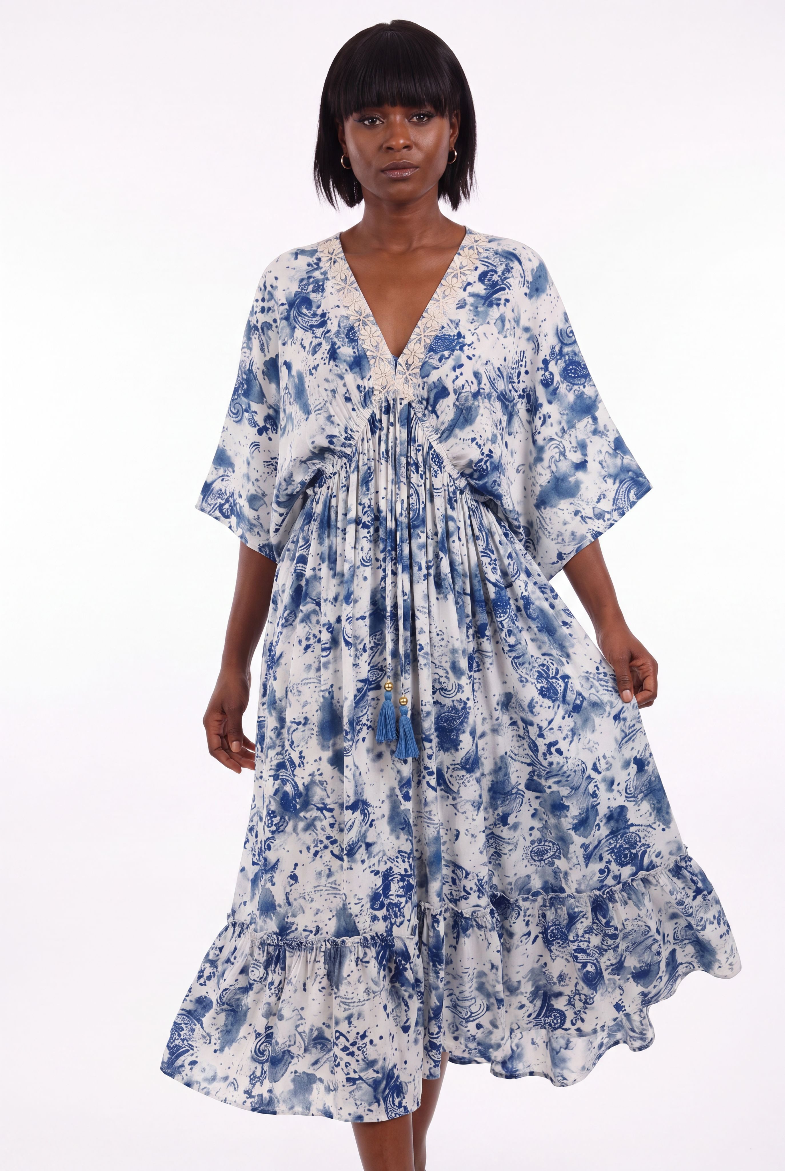YC Fashion & Style Maxikleid Boho mit Stickerei & Quasten, 100 % Baumwolle, One Size mit Alloverdruck