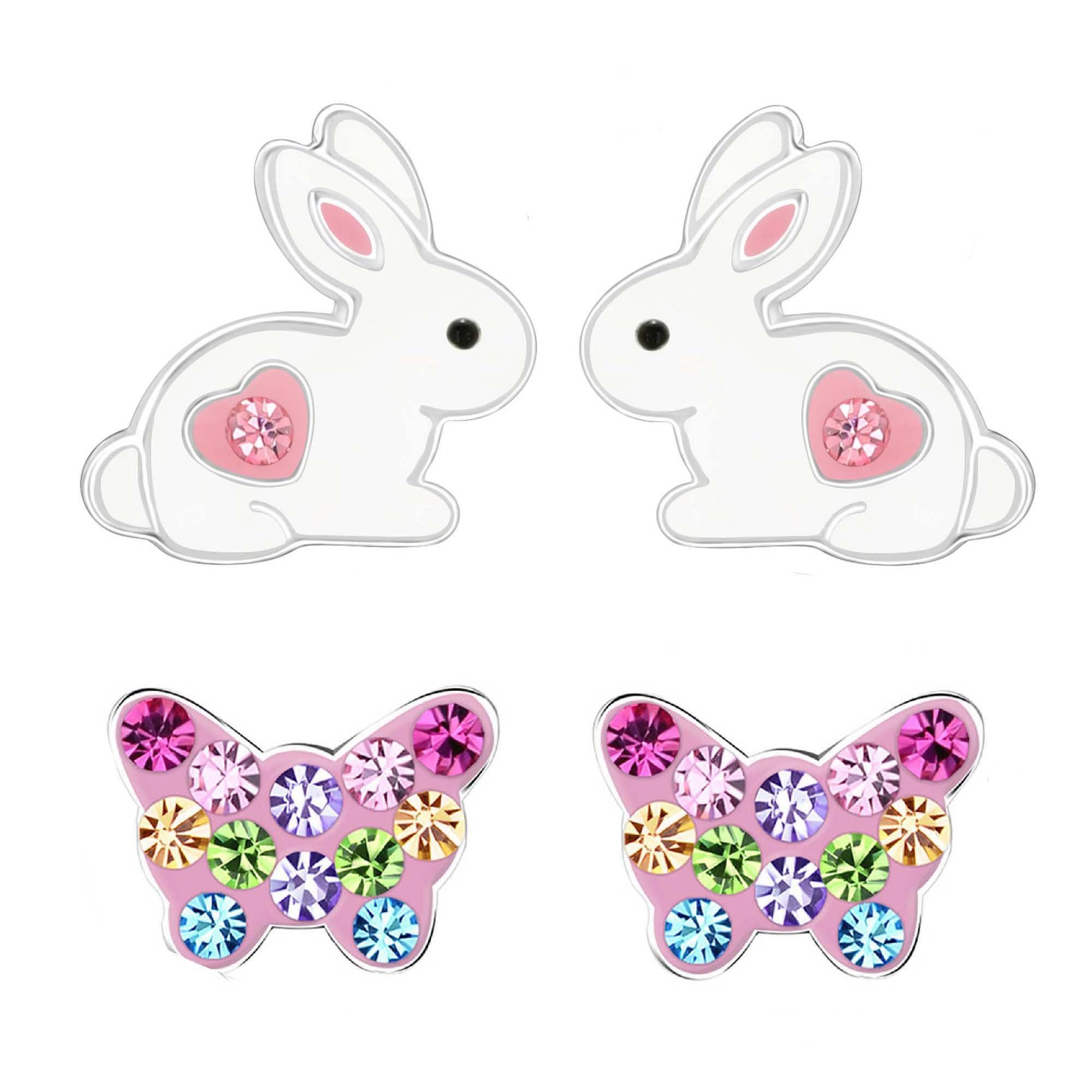 schmuck23 Paar Ohrstecker Kinder Ohrringe Hase Herz echt 925 Sterling Silber (Set, 2 Paar Ohrringe), 2 Paar Ohrstecker, Kinderschmuck, Ostern Schmetterling Bunt