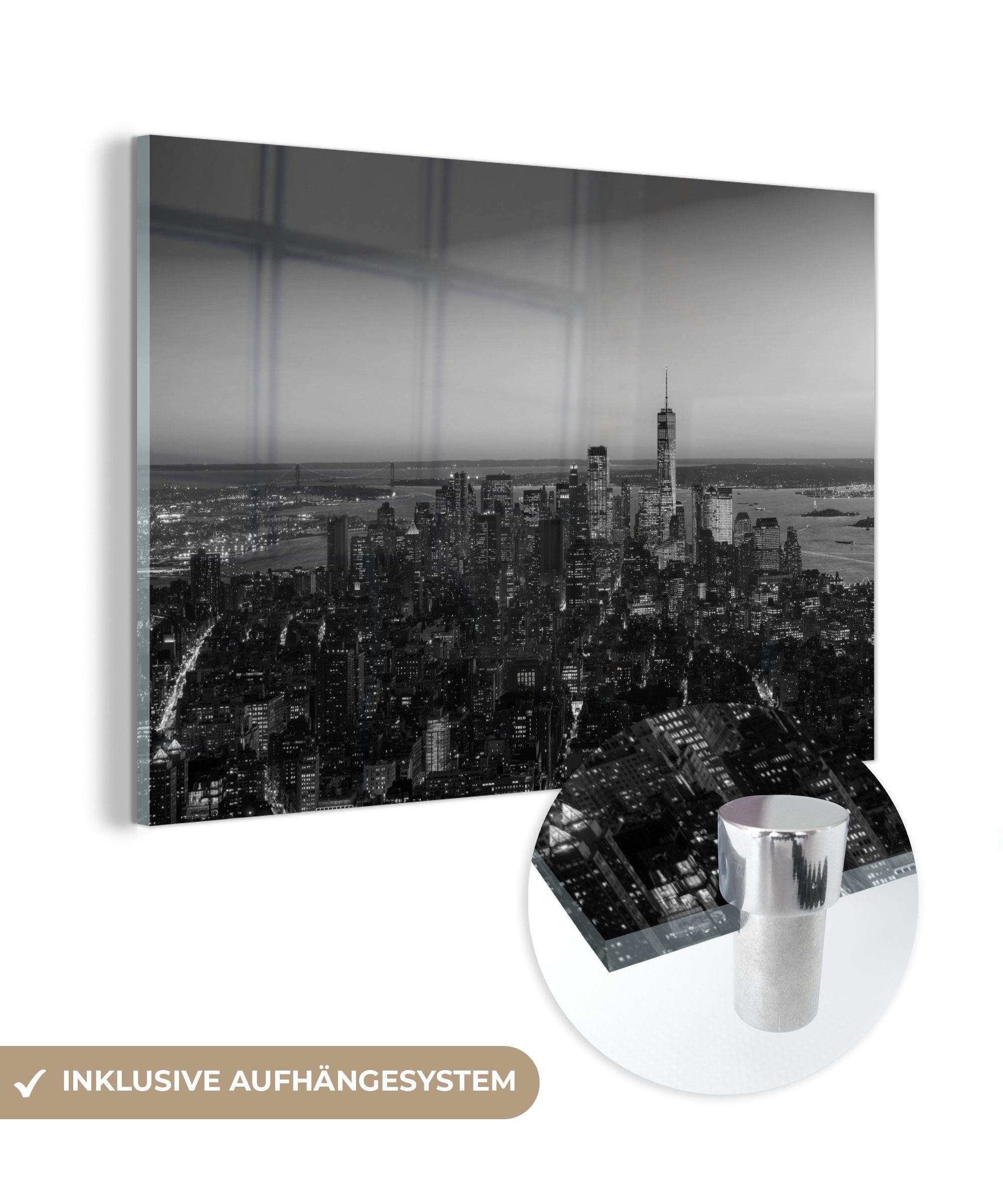 MuchoWow Acrylglasbild World Trade Center - Sonne - Schwarz - Weiß, (1 St), Acrylglasbilder Wohnzimmer & Schlafzimmer