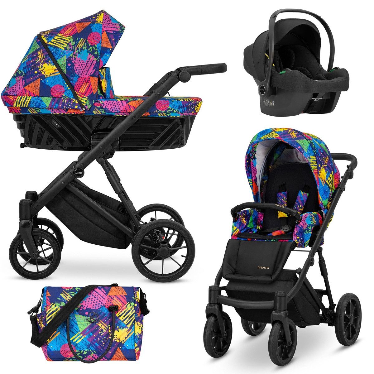 KUNERT Kombi-Kinderwagen IVENTO 3in1 Kinderwagen mit schwarzem Rahmen und Zubehör, TÜV NORD und ZETOM zertifiziert, antibakterielle Bambusmatratze