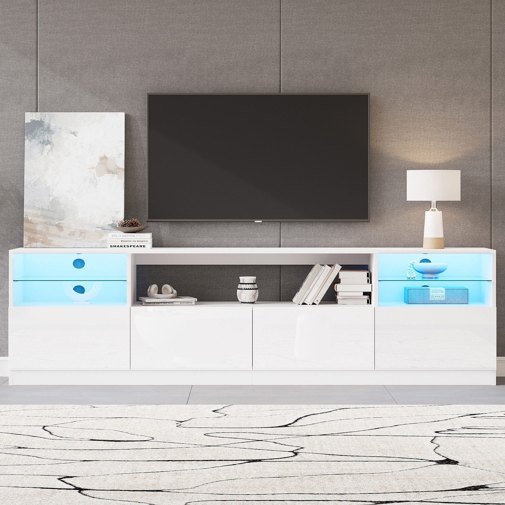 Merax Lowboard Hochglanz Fernsehschrank mit LED (1 St., Wohnzimmer & Esszimmer TV Board), TV-Schrank mit 4 Flügeltüren & 8 Fächer, 180x35x60cm