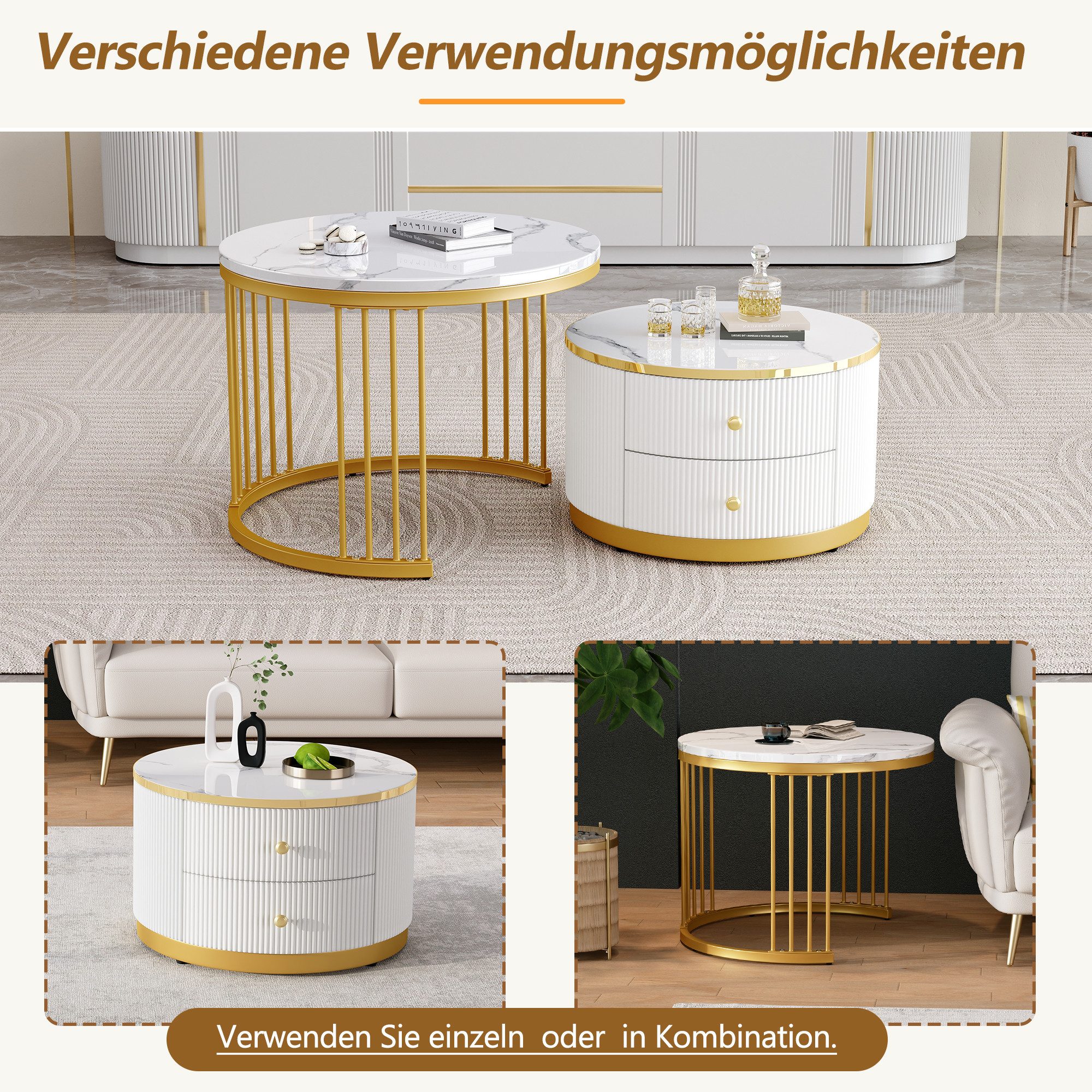 Merax Couchtisch, Hochglanz Marmoroptik, Beistelltisch Set, Satztisch Metal günstig online kaufen