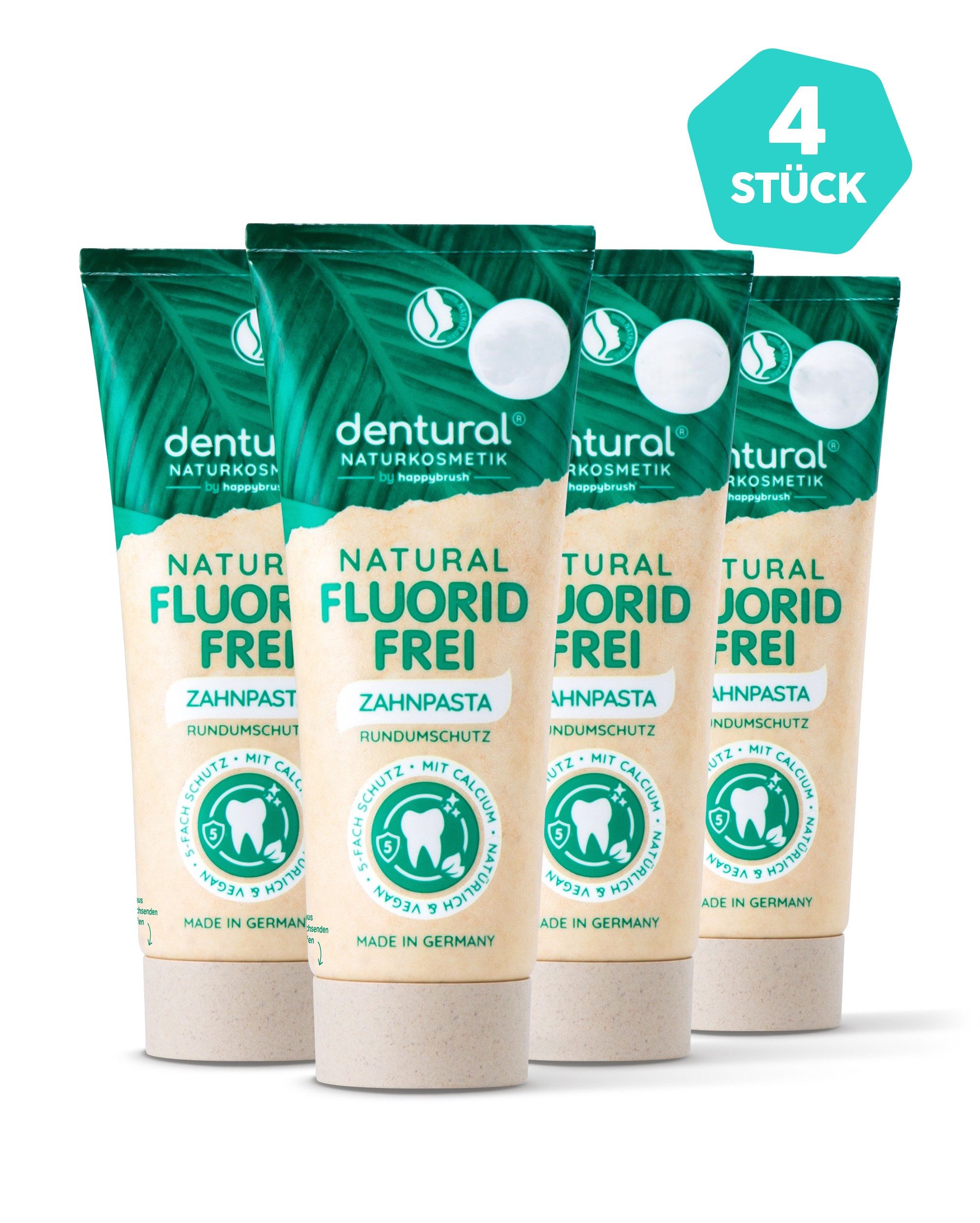 happybrush Zahnpasta dentural - Fluoridfrei - 4er Pack, (Spar-Set) vegan und FREI VON Natriumlaurylsulfat, Palmöl, Triclosan, Titandioxid