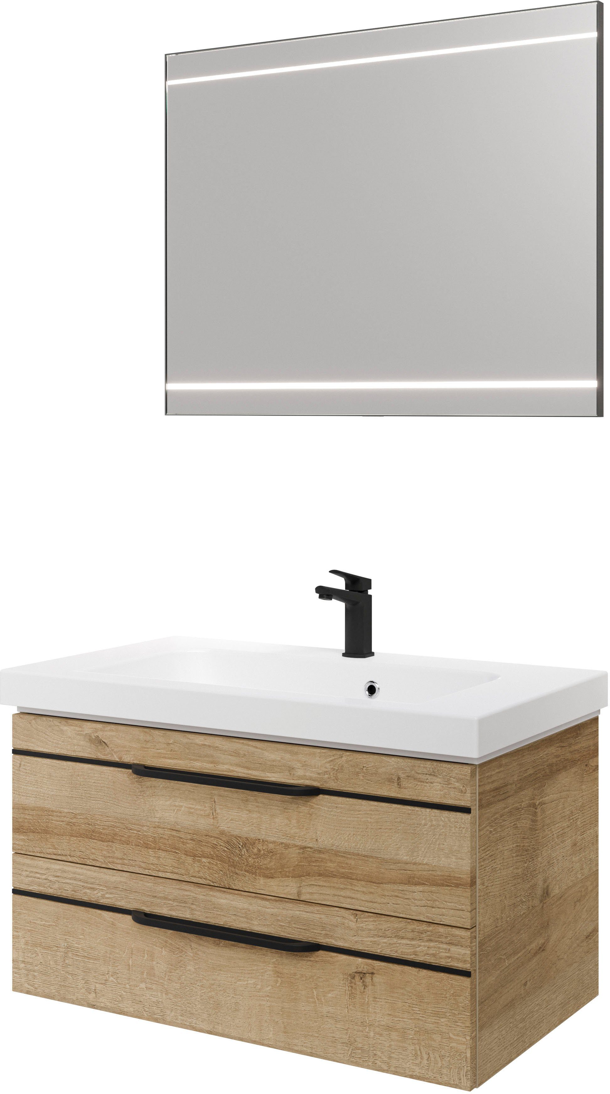 Saphir Badmöbel-Set Balto 2-teilig Mineralmarmor-Waschtisch mit LED-Spiegel, Waschplatz, (2-St), 92 cm breit, mit 2 Schubladen, Badschrank inkl. Schubladendämpfer