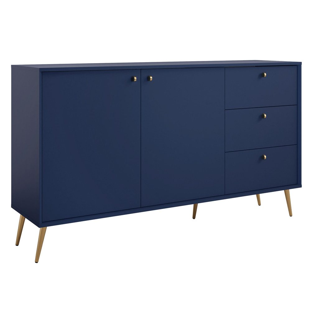 Lomadox Sideboard RIPLEY-166, 156 cm, blau, 2 Türen, 3 Schubladen, goldene Füße und Griffe
