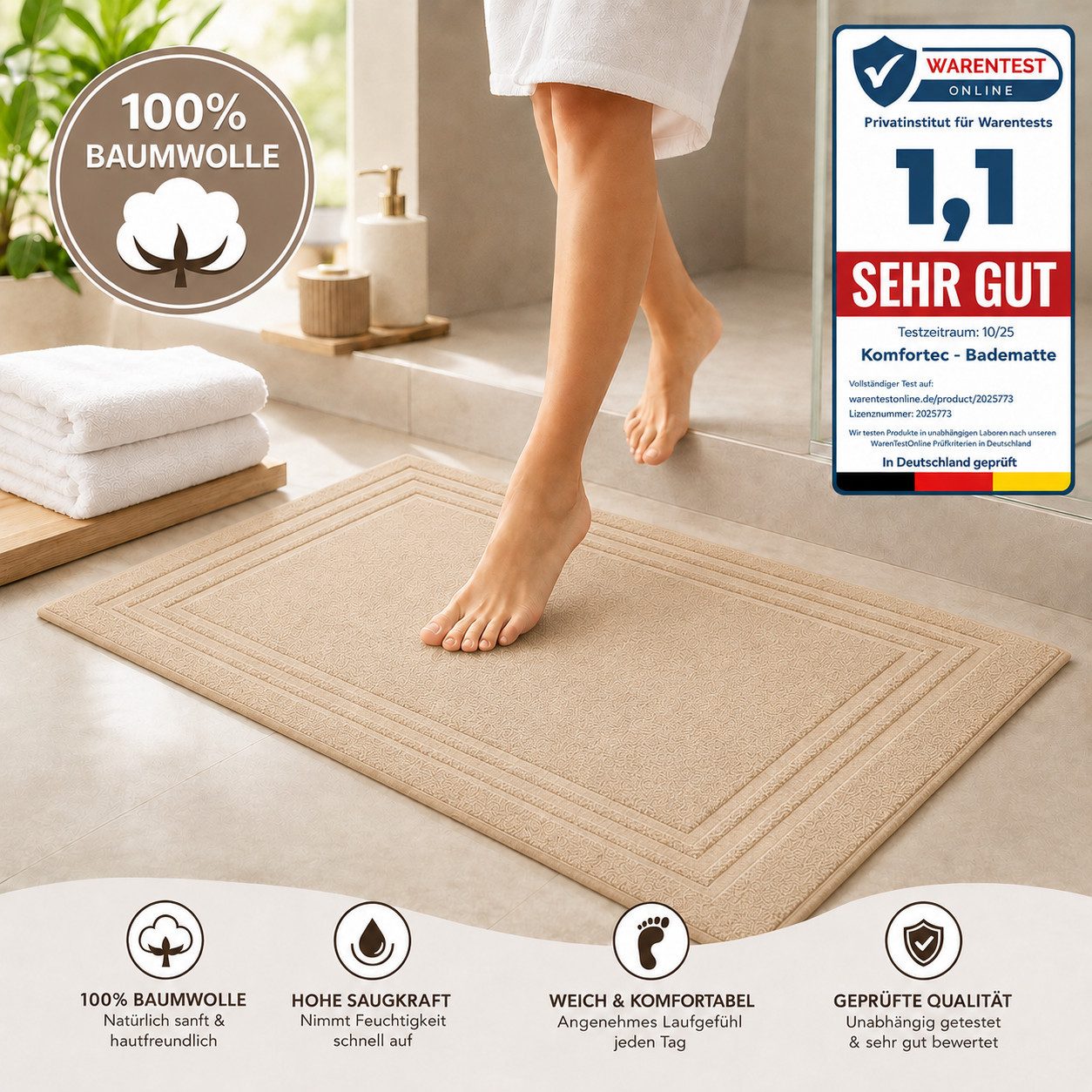 Komfortec Badematte 2er Badetuch Set aus 100% Baumwolle 50x70 cm Extra Weich & Saugstark, Rechteckig, 600 g/m² – Bild 4 von 5