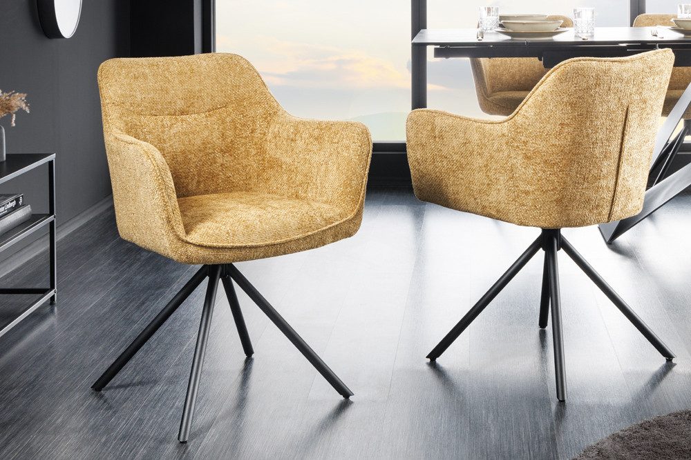 riess-ambiente Polsterstuhl VERONA senfgelb – Strukturstoff, mit Armlehne, Metallgestell (Einzelartikel, 1 St), 180° drehbar mit Auto-Return-Funktion – ideal für Esszimmer oder Büro