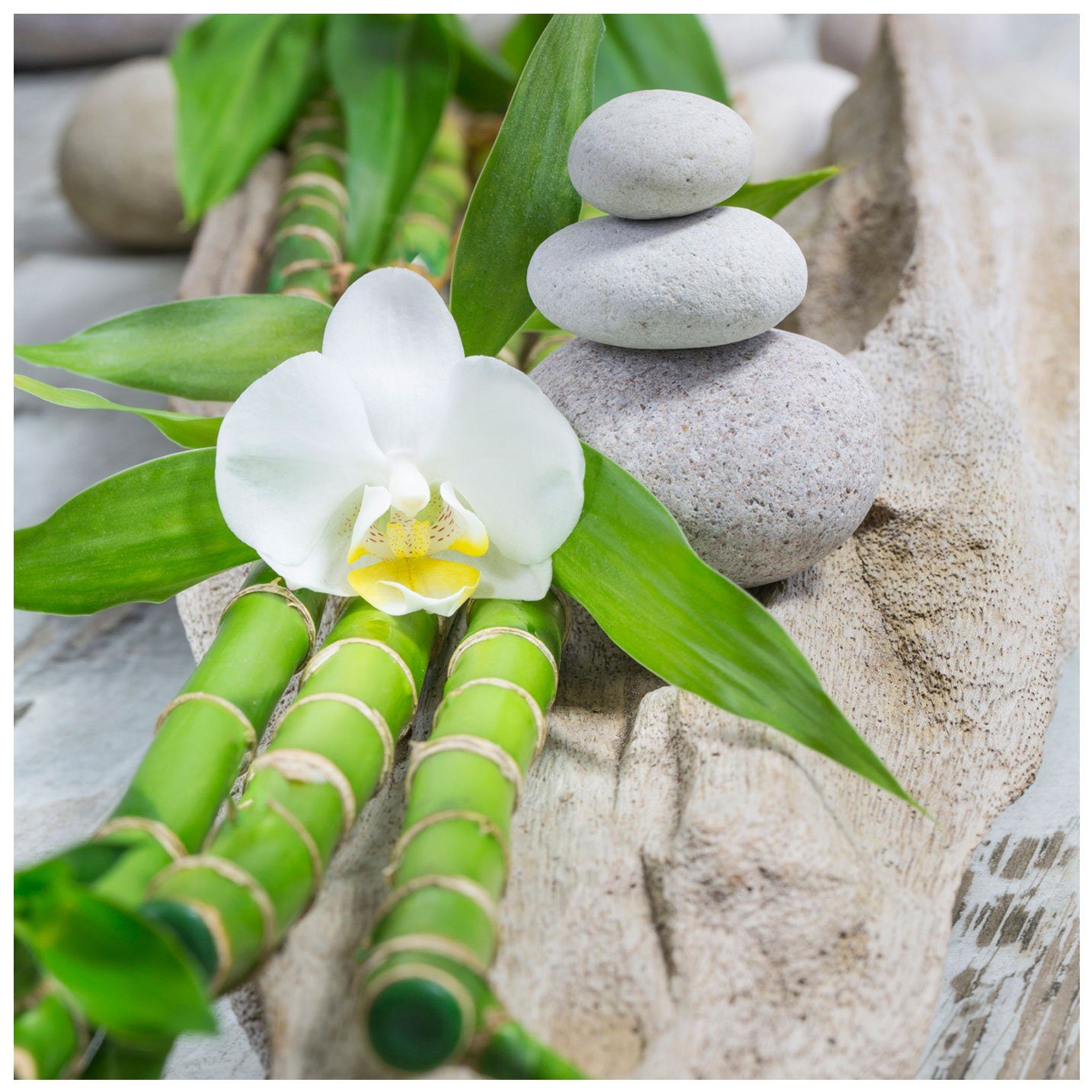 Levandeo® Glasbild, levandeo Glasbild 30x30cm Weiße Orchidee Bambus Wellness Wandbild