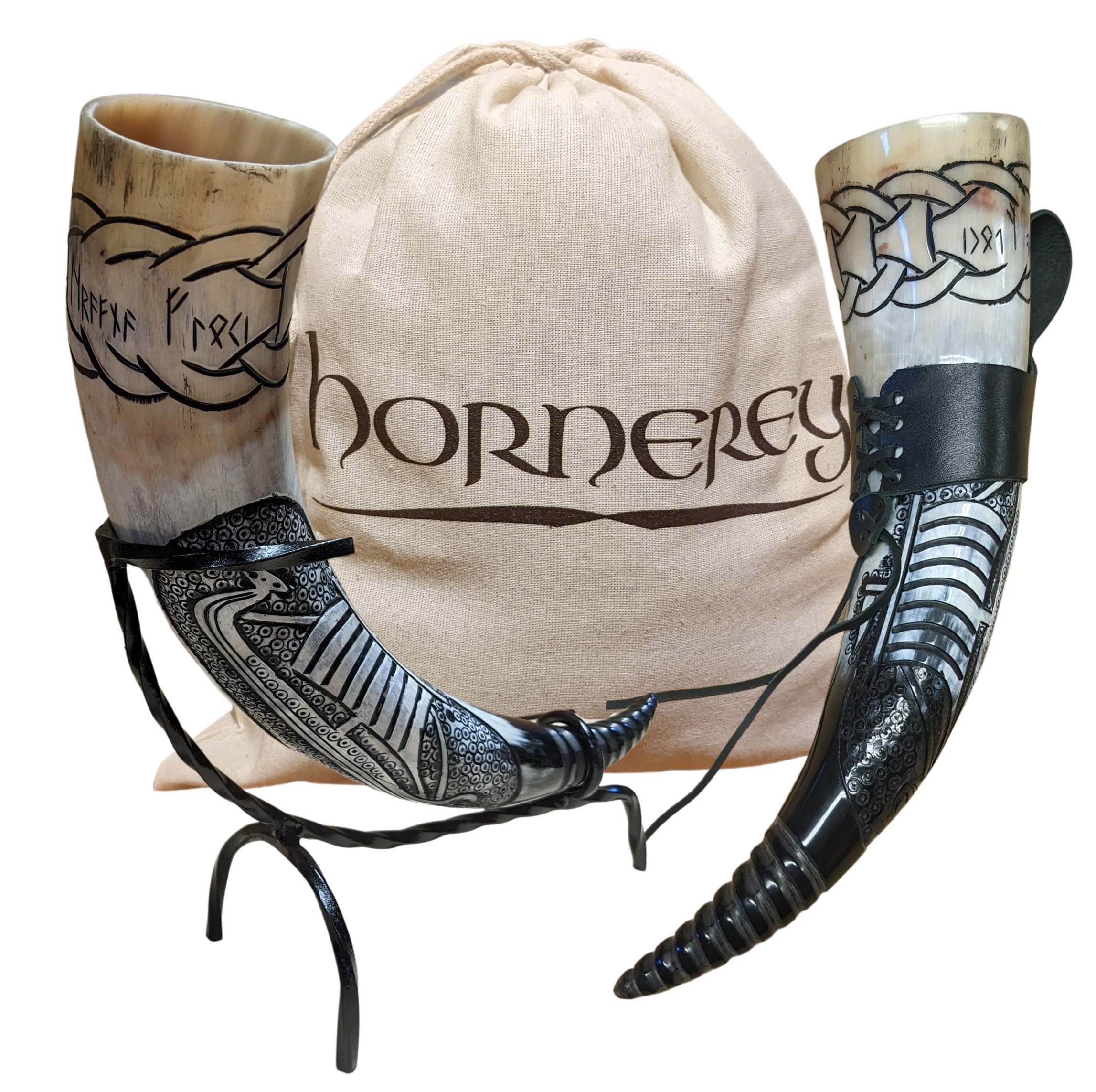 hornerey Bierkrug Trinkhorn "Floki's Horn", Set mit Ständer und Gürtelhalter, 3-tlg.