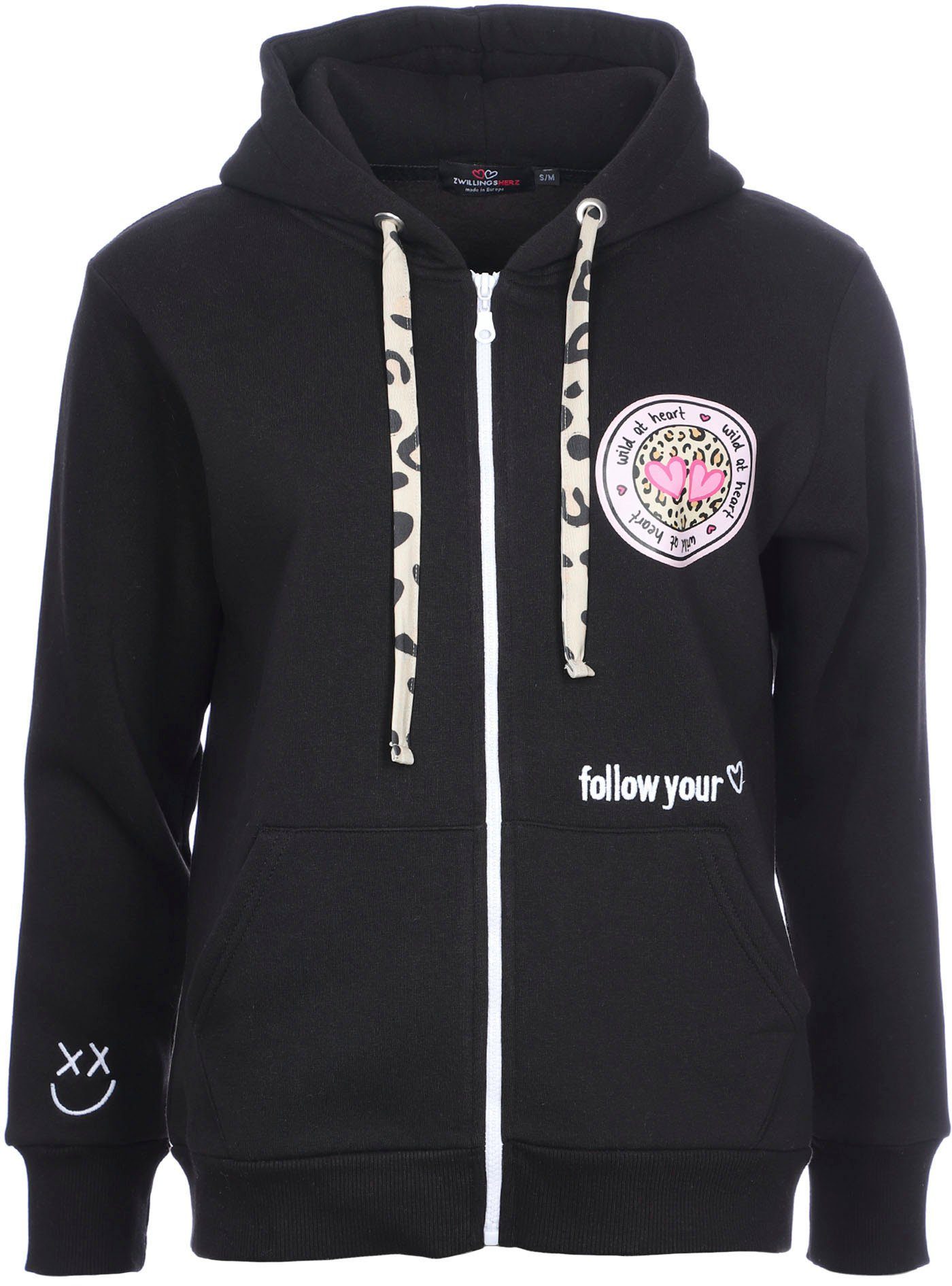Zwillingsherz Kapuzensweatjacke Leo-Details, Langarm, Reißverschluss, Baumwollmischung – Bild 3 von 5