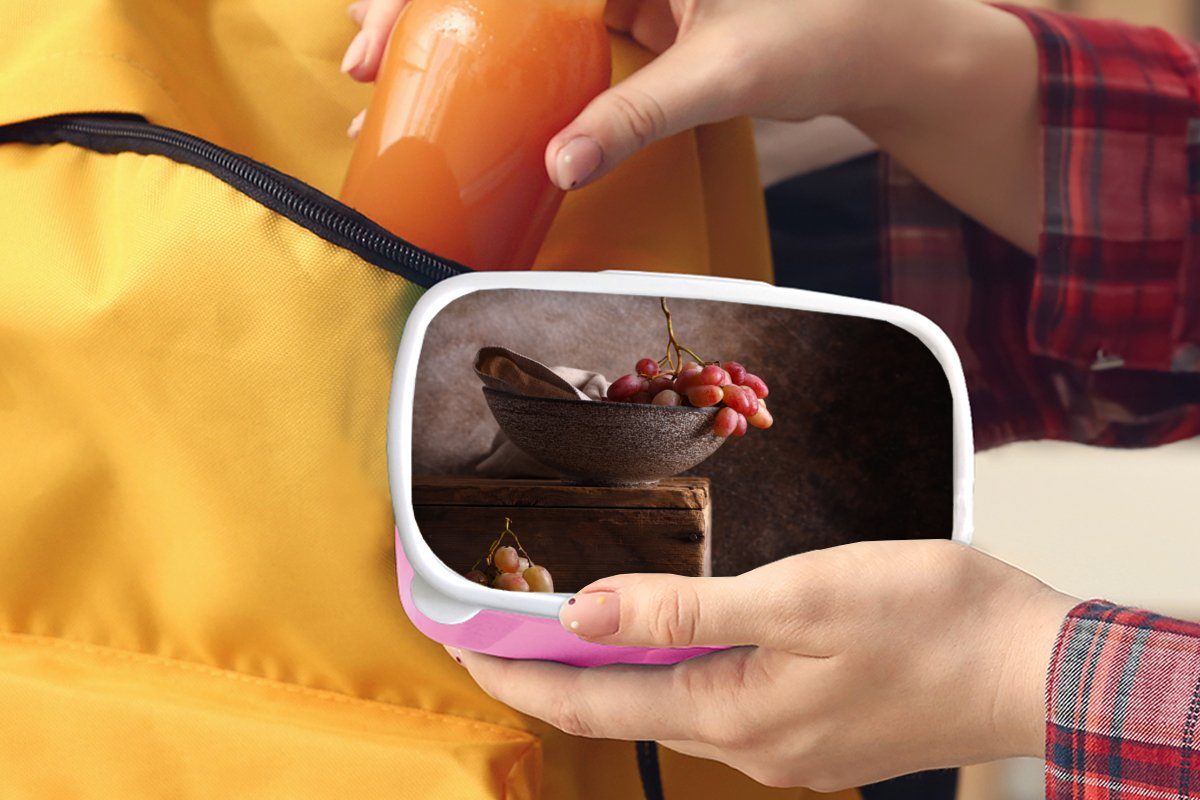 Rustikal Schale Lunchbox Obst, Brotdose - - rosa MuchoWow Mädchen, Kinder, (2-tlg), Kunststoff, Snackbox, - Weintrauben Kunststoff - Stilleben Erwachsene, Brotbox für
