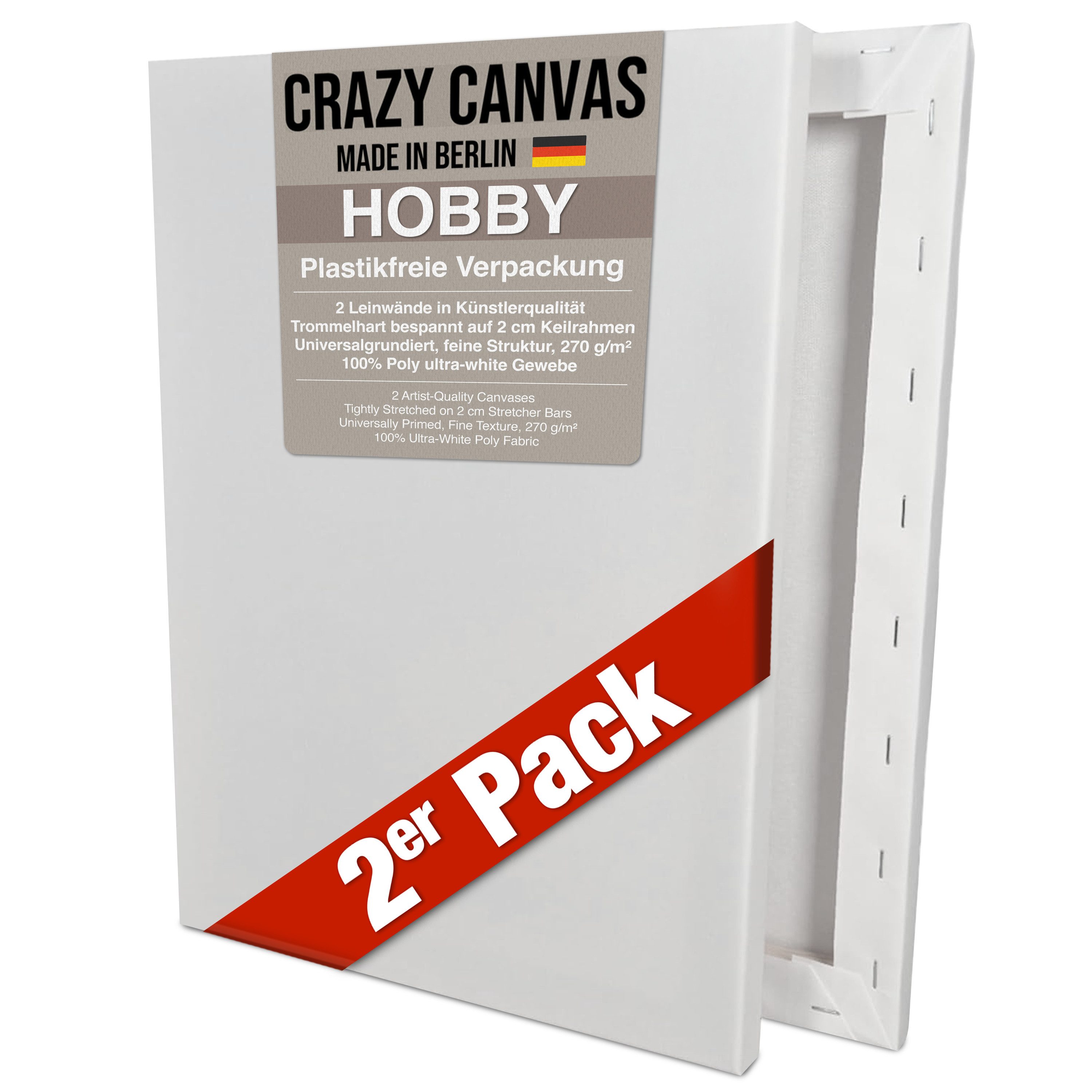 Crazy Canvas Leinwand HOBBY 20x30 cm 2er Pack, Keilrahmen, feine Struktur, versandfrei, 270 g/m², universal grundiert, Made in Berlin
