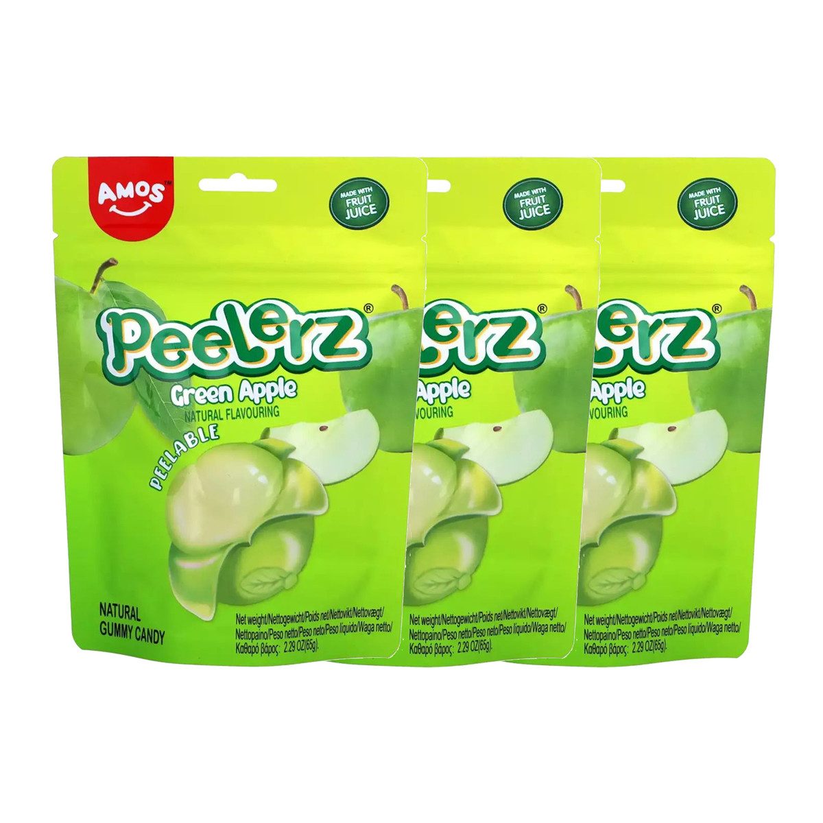 AMOS Süßigkeit, Amos Peelerz Gummies green Apple mit weicher Füllung 65g 3er Pack